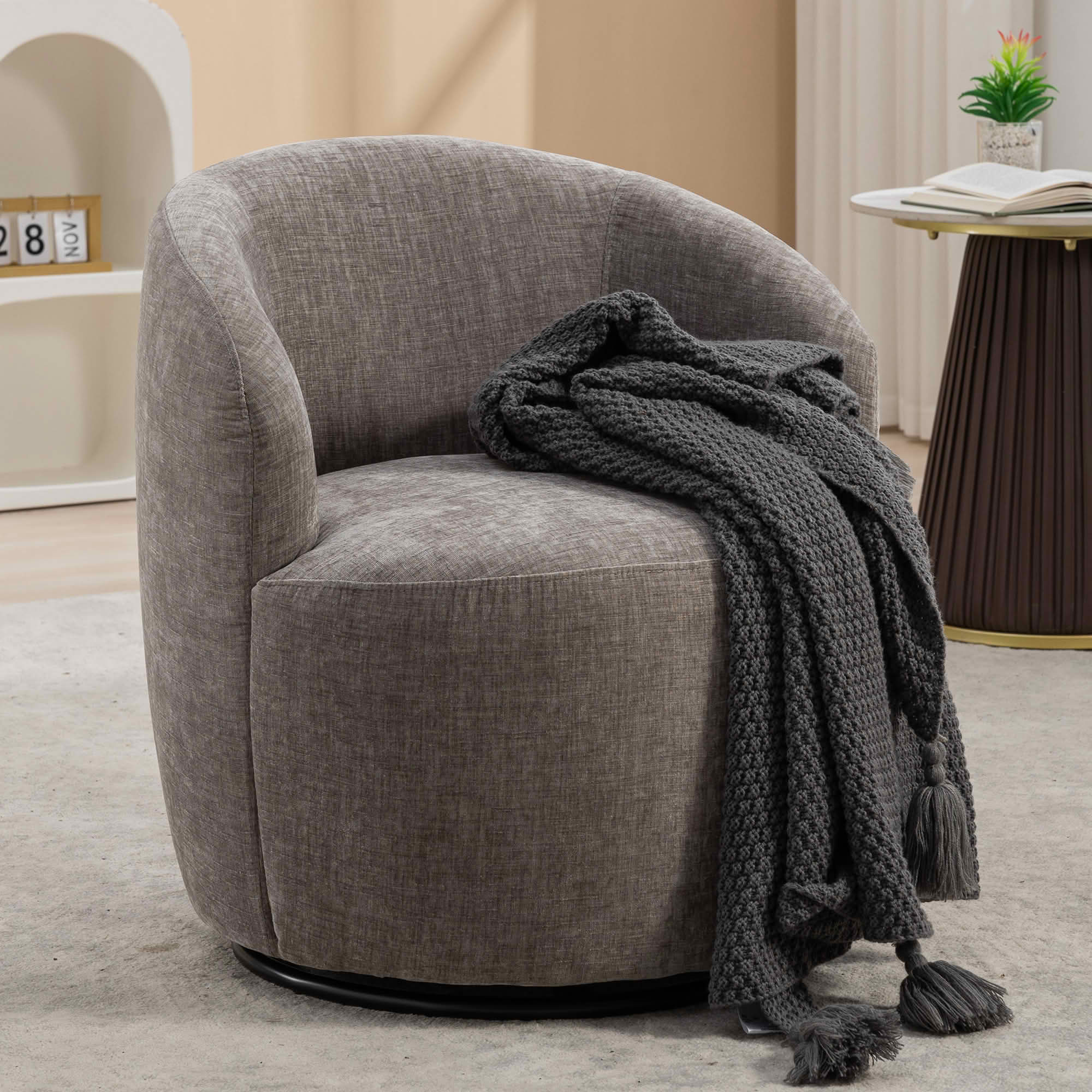 MAYEERTY Chenille Fabric Swivel Accent Armchair Barrel Chair, with Black Powder Coating Metal Ring, Gray