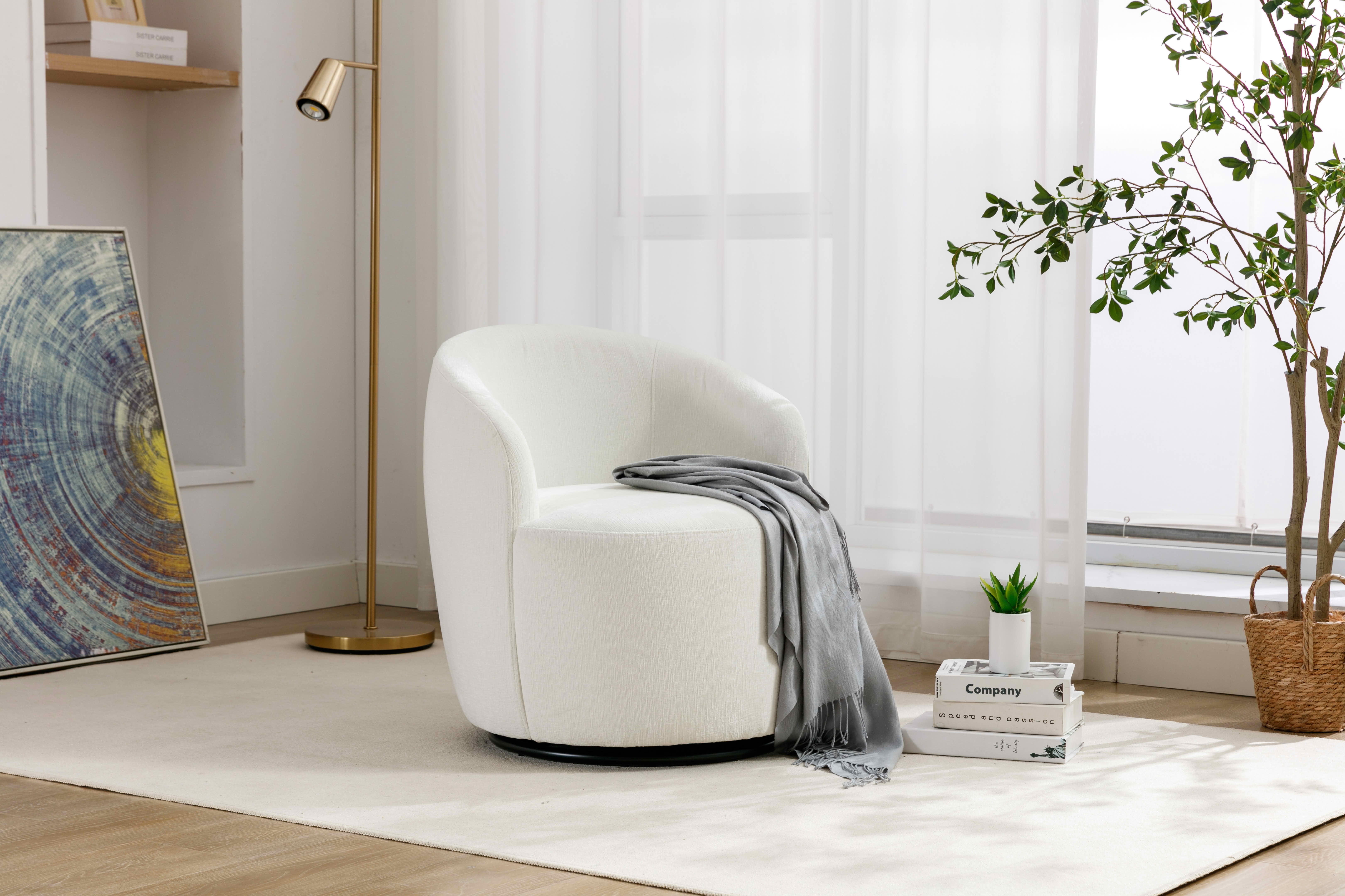 MAYEERTY Chenille Fabric Swivel Accent Armchair Barrel Chair, with Black Powder Coating Metal Ring, Ivory