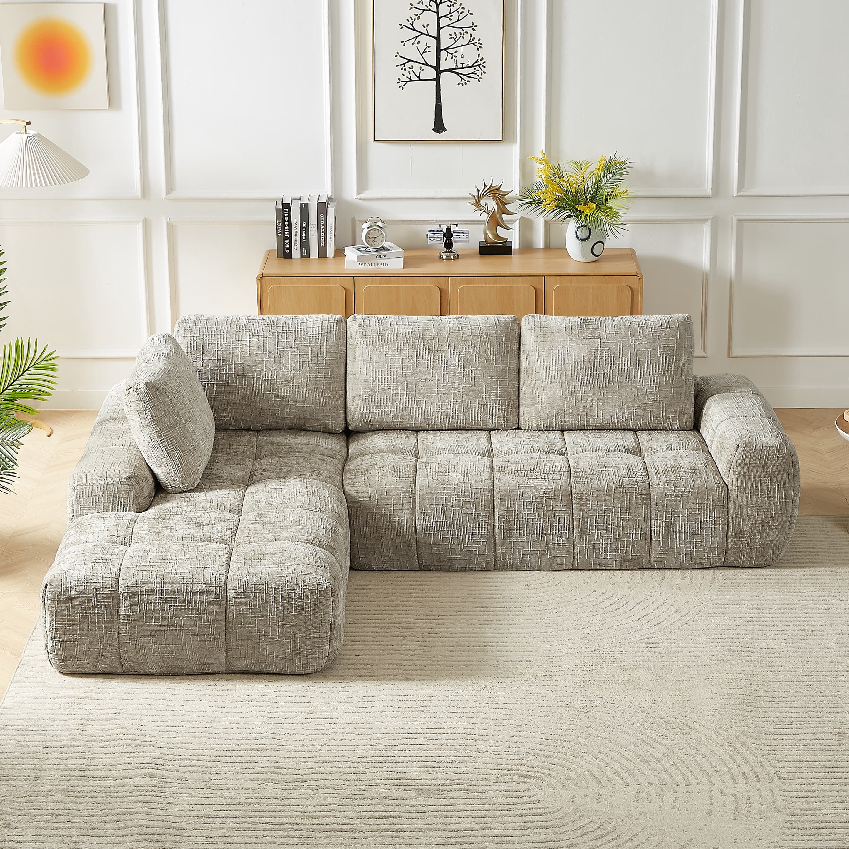 MAYEERTY Chenille L-Shape Oversized Sectional Sofa, Minimalist & Comfy Sleeper Couch for Living Room, 102×65" Khaki