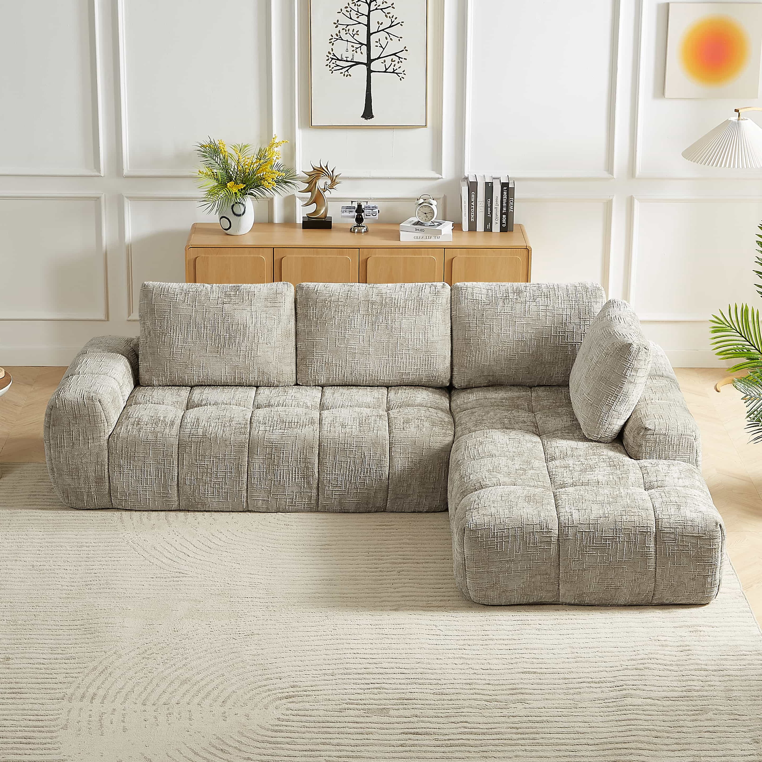MAYEERTY Chenille L-Shape Oversized Sectional Sofa, Minimalist & Comfy Sleeper Couch for Living Room, 102×65" Khaki