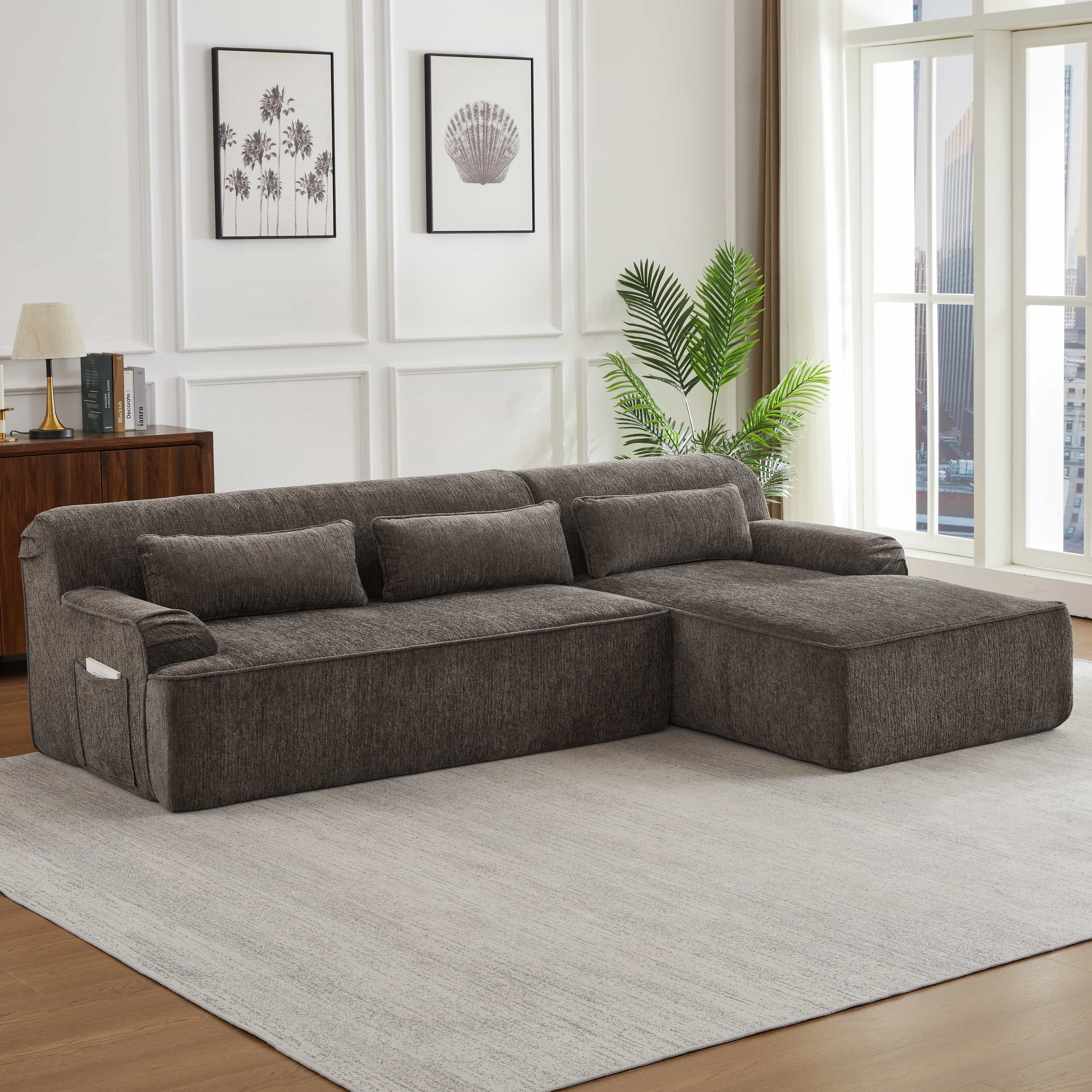 MAYEERTY Chenille L-Shape Oversized Sectional Sofa, Minimalist for Apartment, 102×65" Brown