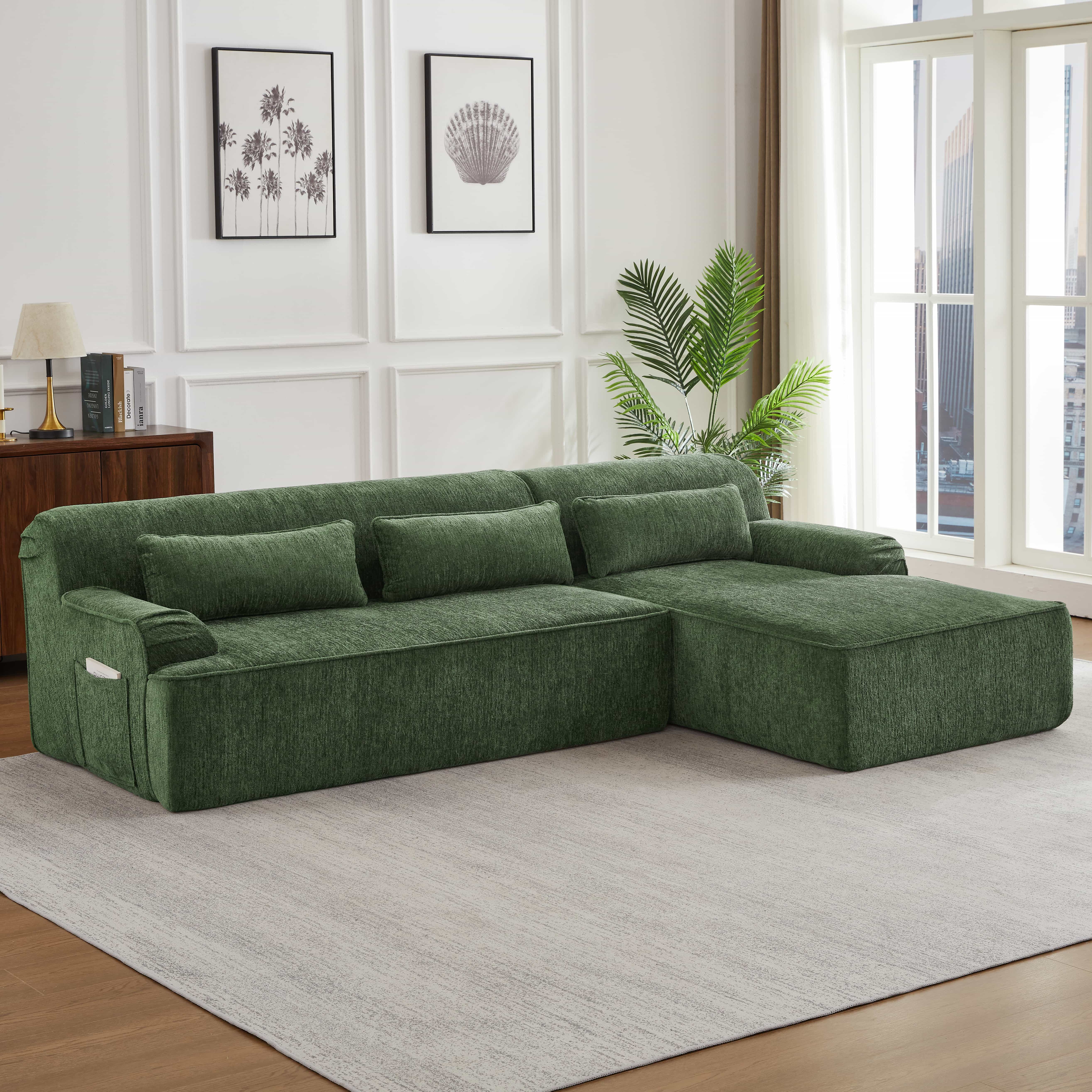 MAYEERTY Chenille L-Shape Oversized Sectional Sofa, Minimalist for Apartment, 102×65" Green