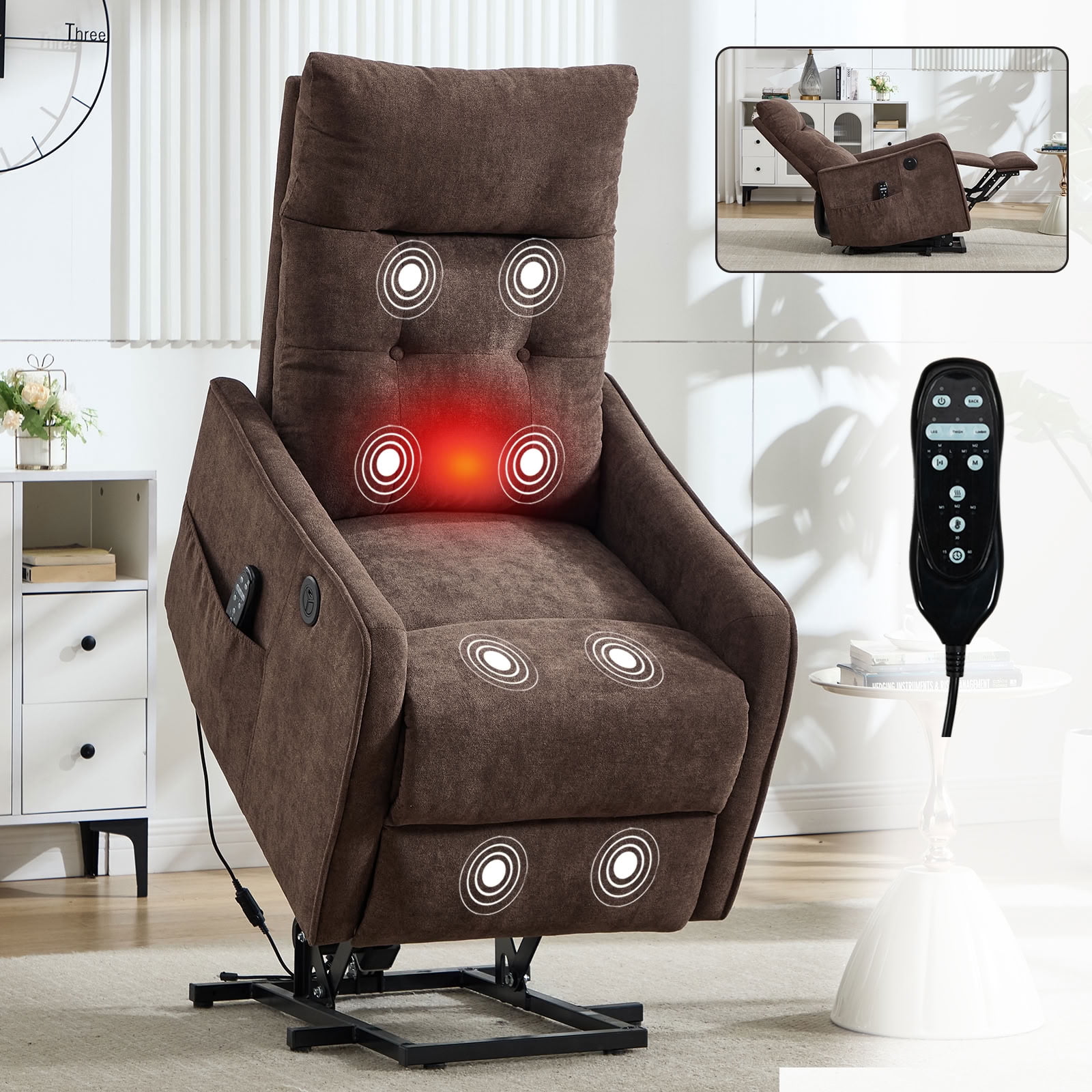 MAYEERTY Chenille Power Lift Recliner Chair for Elderly, Single Motor Electric Lift Chair with 8-Point Massage & Lumbar Heat, USB Charging Port, for Living Room Bedroom