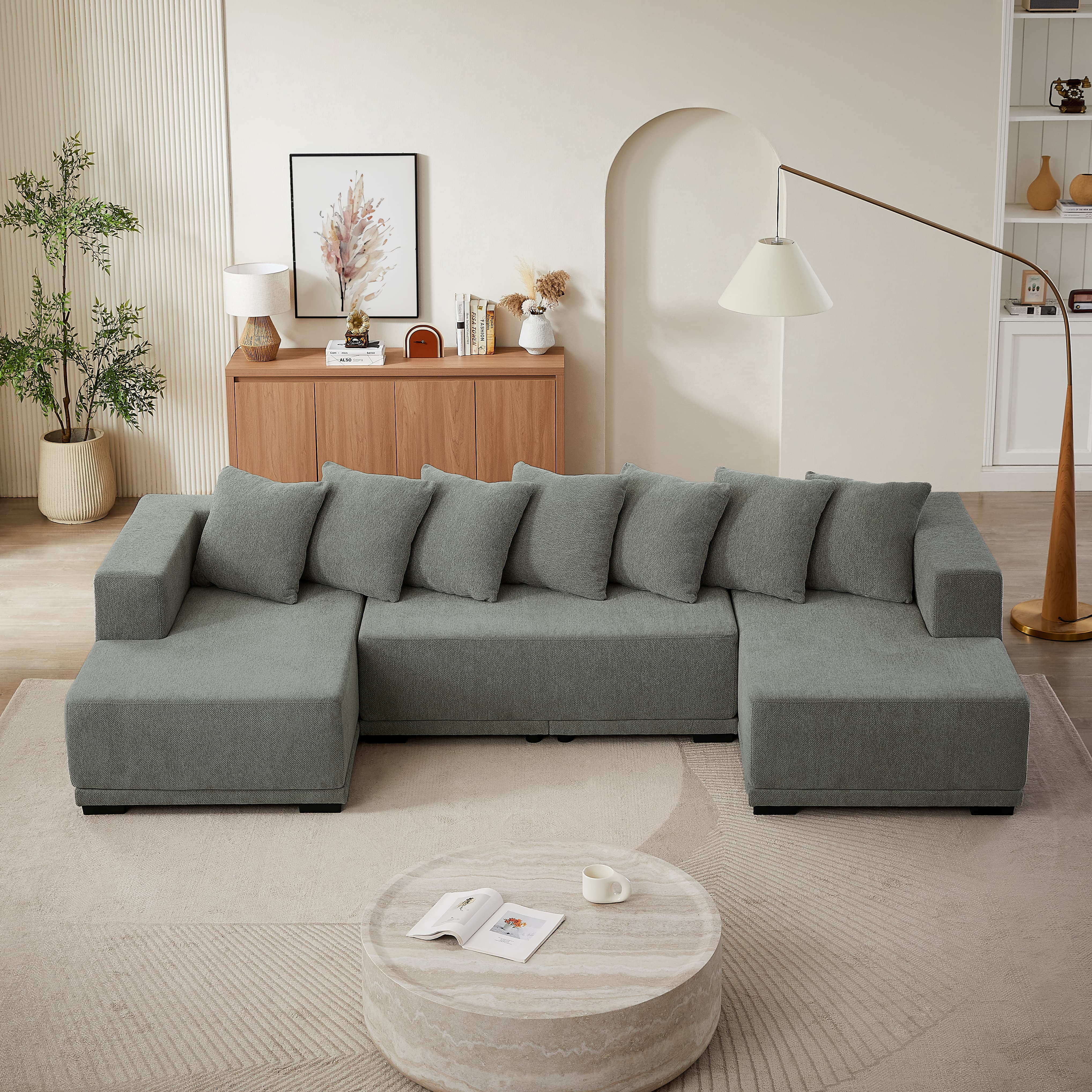 MAYEERTY Chenille U-Shape Oversized Sectional Sofa, Minimalist Couch with Frame for Living Room, 128×61" Gray