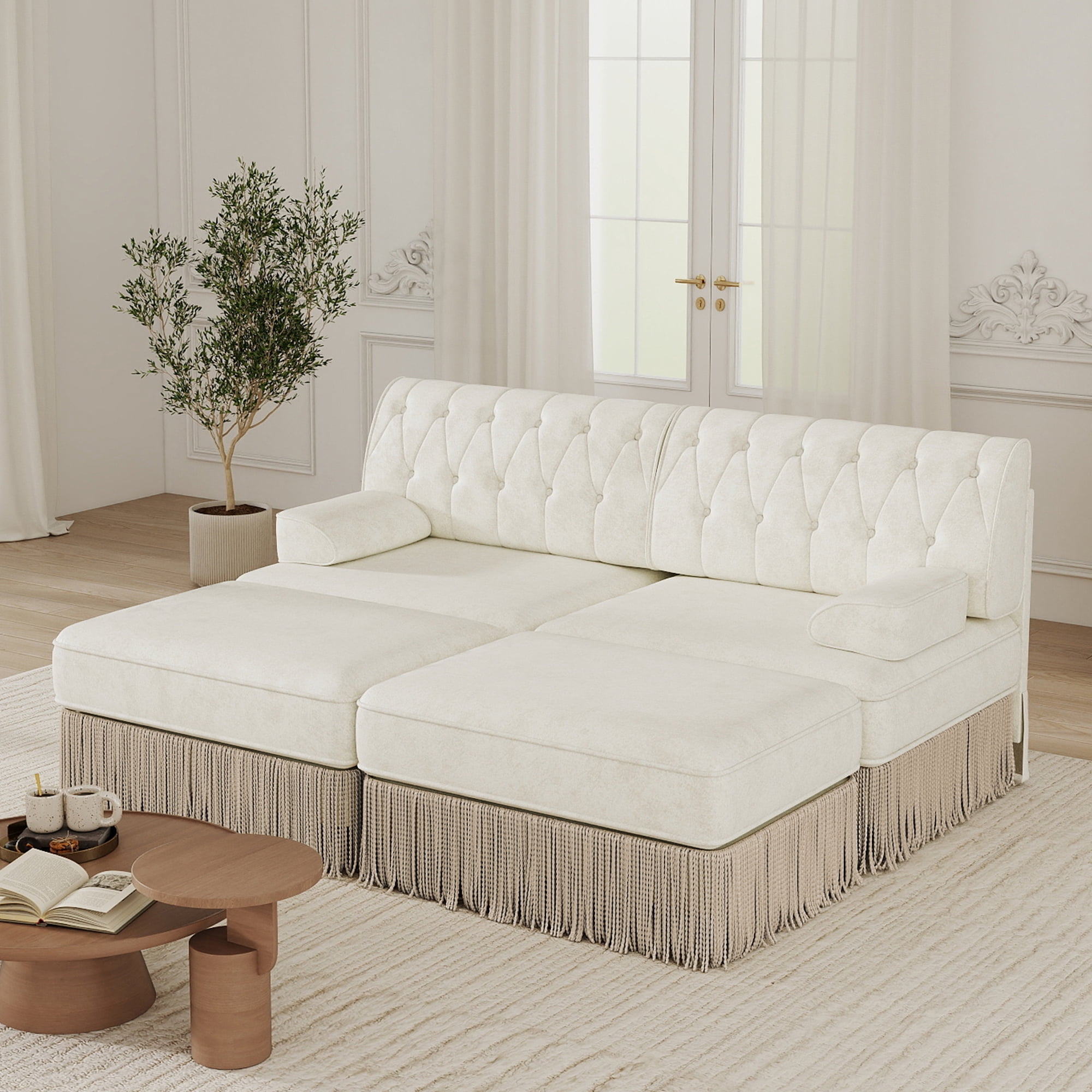 MAYEERTY Chesterfield Modular Sectional Sofa, Button Tufted Fleece Couch with Tassel Fringe Skirt & 2 Ottomans, Wooden Base for Living Room