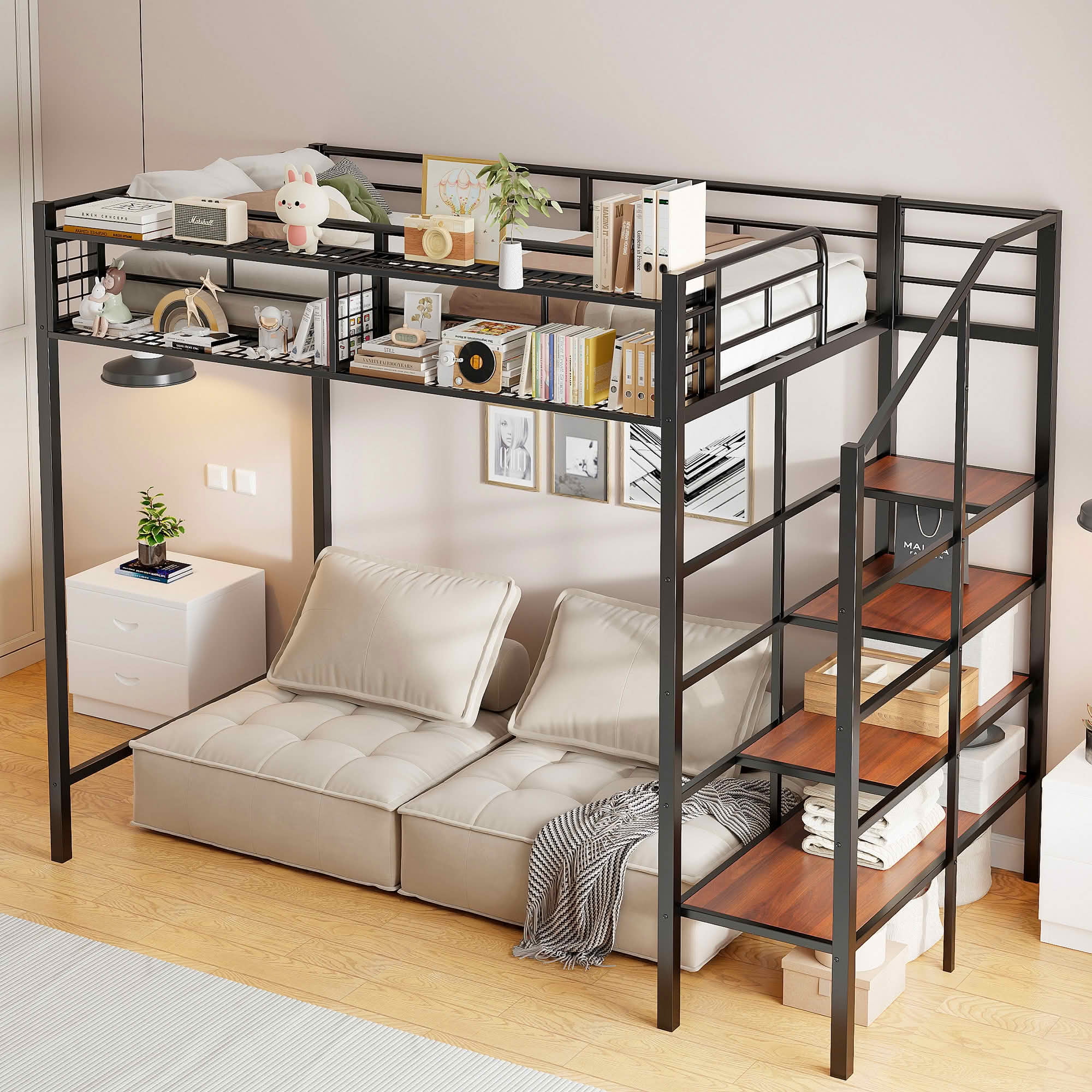MAYEERTY Chrome Finish Metal Loft Bed with 4-Tier Ladder Shelves and Top Storage Grid, Sturdy Space-Saving Bed Frame No Box Spring Required