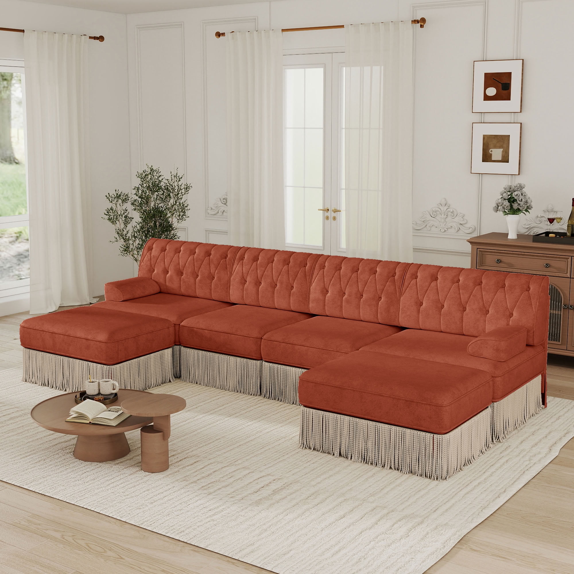 MAYEERTY Cloud Chesterfield Sectional Sofa, 4-Seater Modular Couch with Tassel & 2 Ottomans, Solid Wood Base for Living Room Bedroom