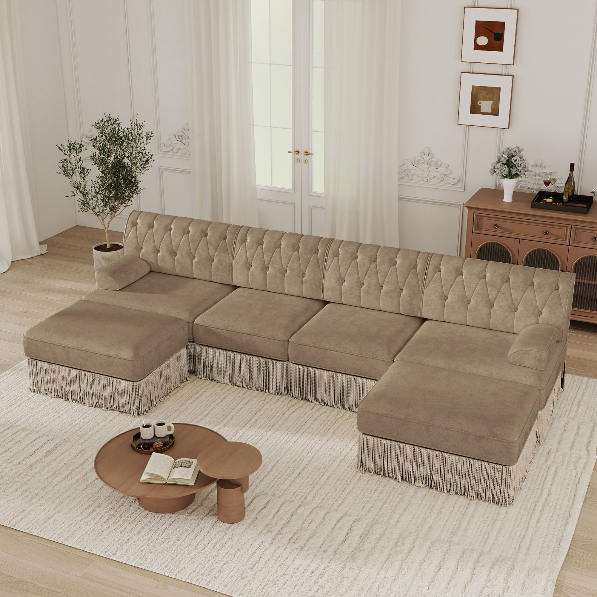 MAYEERTY Cloud Chesterfield Sectional Sofa, 4-Seater Modular Couch with Tassel & 2 Ottomans, Solid Wood Base for Living Room Bedroom