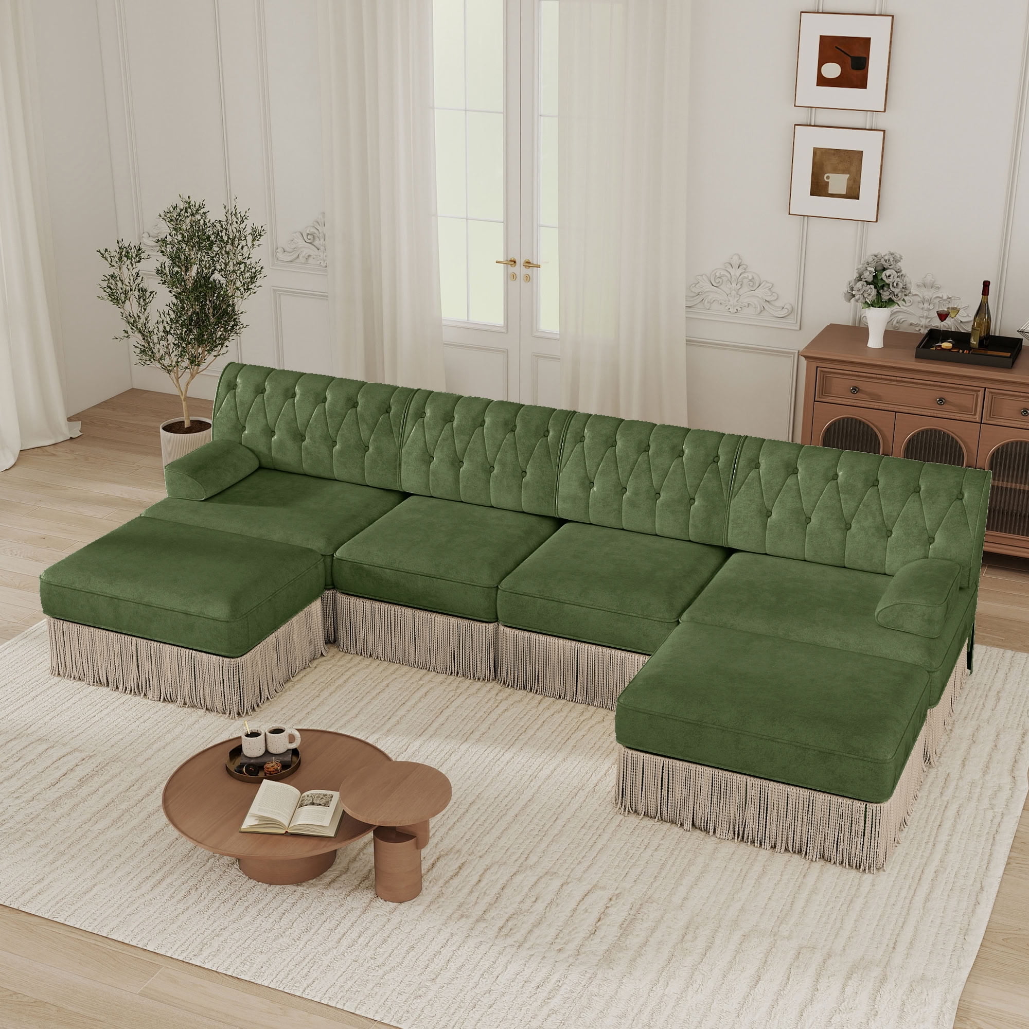 MAYEERTY Cloud Chesterfield Sectional Sofa, 4-Seater Modular Couch with Tassel & 2 Ottomans, Solid Wood Base for Living Room Bedroom