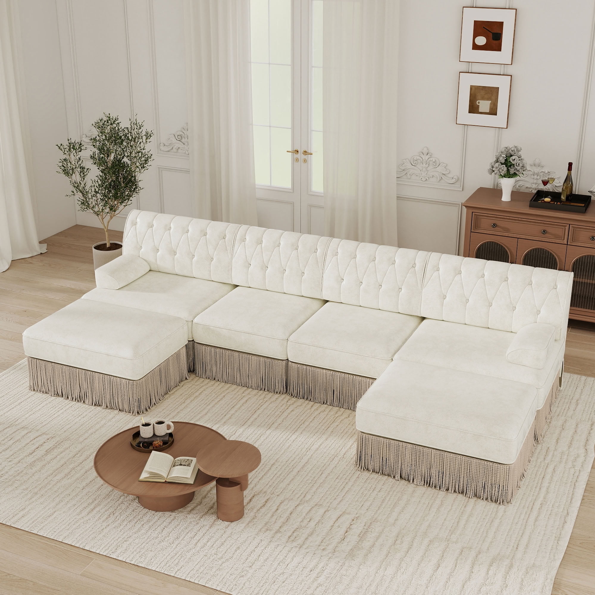 MAYEERTY Cloud Modular Sofa with Dual Ottomans, 4-Seat Chesterfield Tassel Sectional Couch for Living & Bedroom Indoor Decor