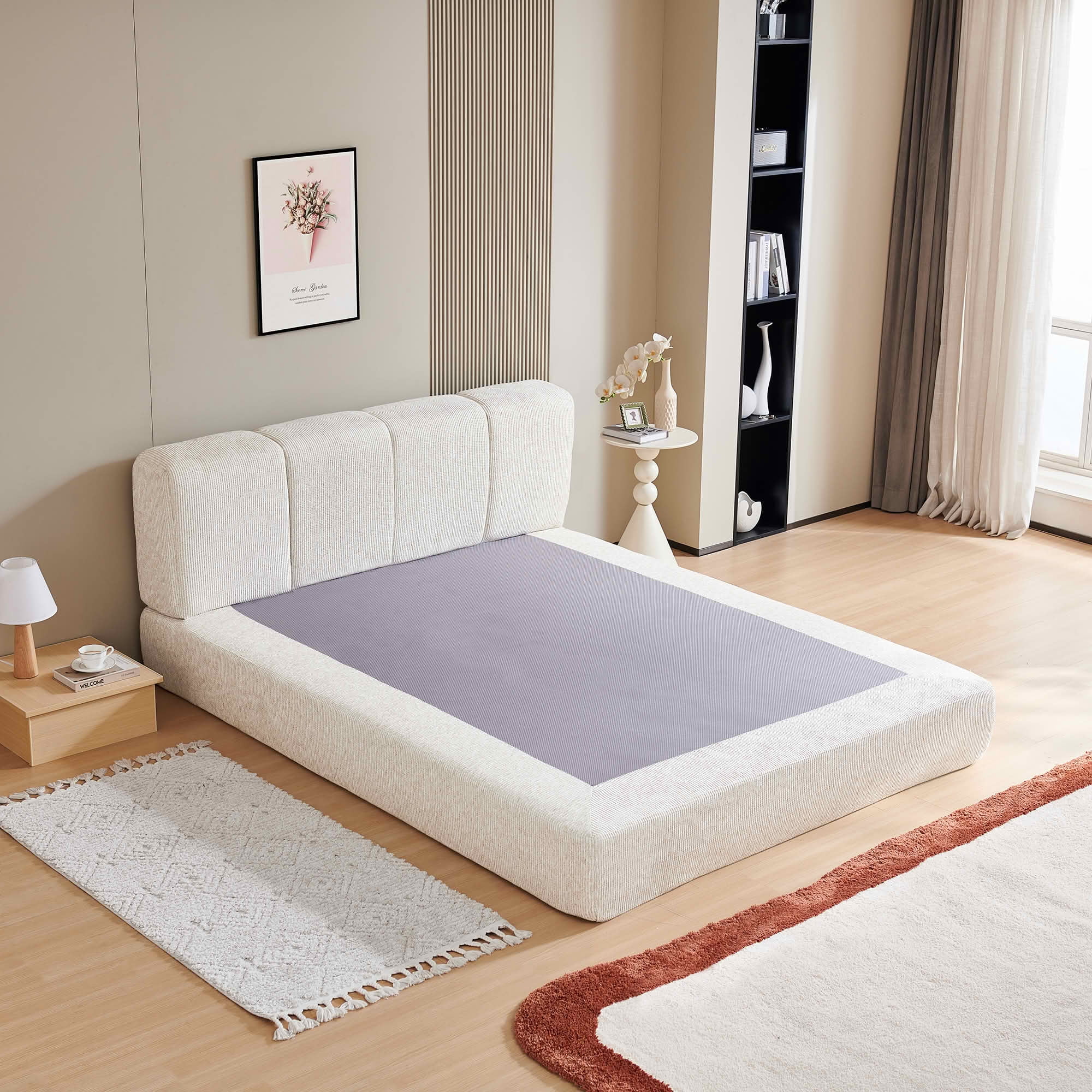 MAYEERTY Cloud Rest Queen Cotton-Linen Compressed Bed with Headboard Hybrid Support Tool-Free Assembly