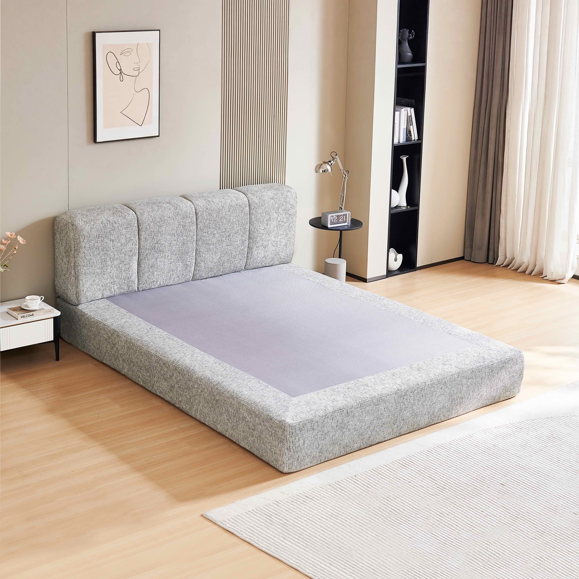 MAYEERTY Cloud Rest Queen Cotton-Linen Compressed Bed with Headboard Hybrid Support Tool-Free Assembly