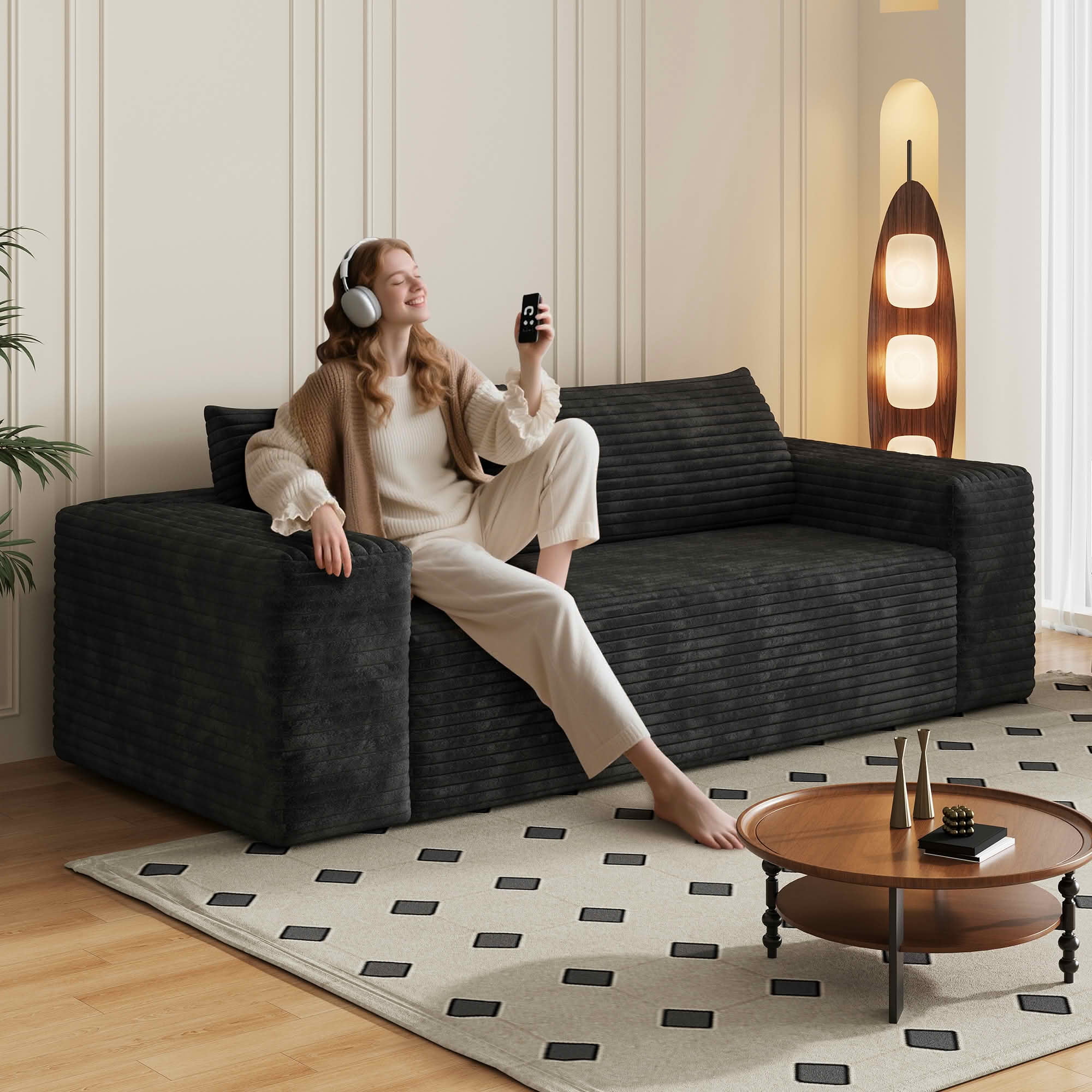 MAYEERTY 78.8" 3-Seater Corduroy Sofa, Deep Seat Comfy Loveseat Sofa, No Assembly Required, Black, Perfect for Living Room, Bedroom, Conference Room and Apartment