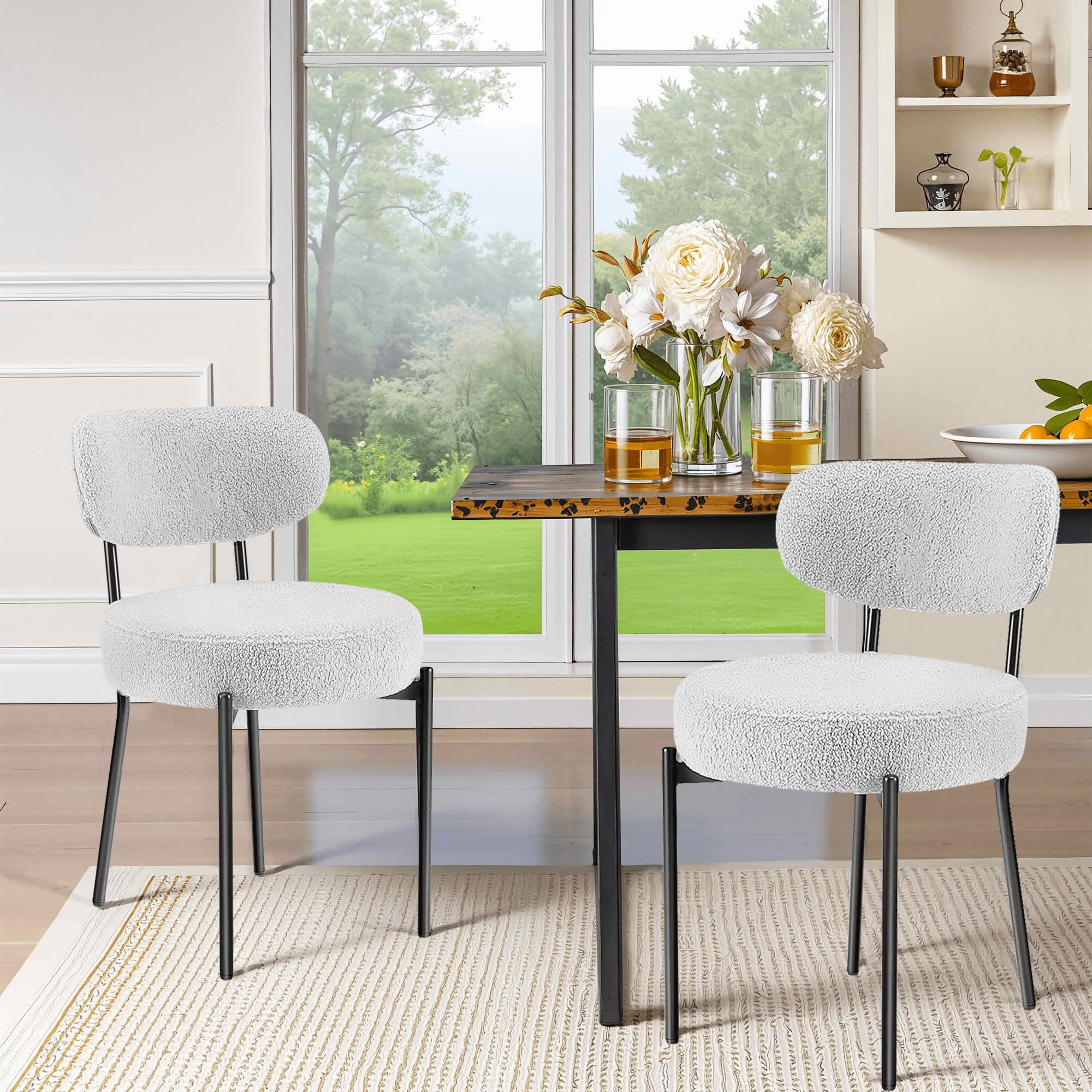 MAYEERTY Comfort Dining Chair White Seat Cushion Black Steel Frame Upholstered Backrest Dining Room Bedroom Set of 2