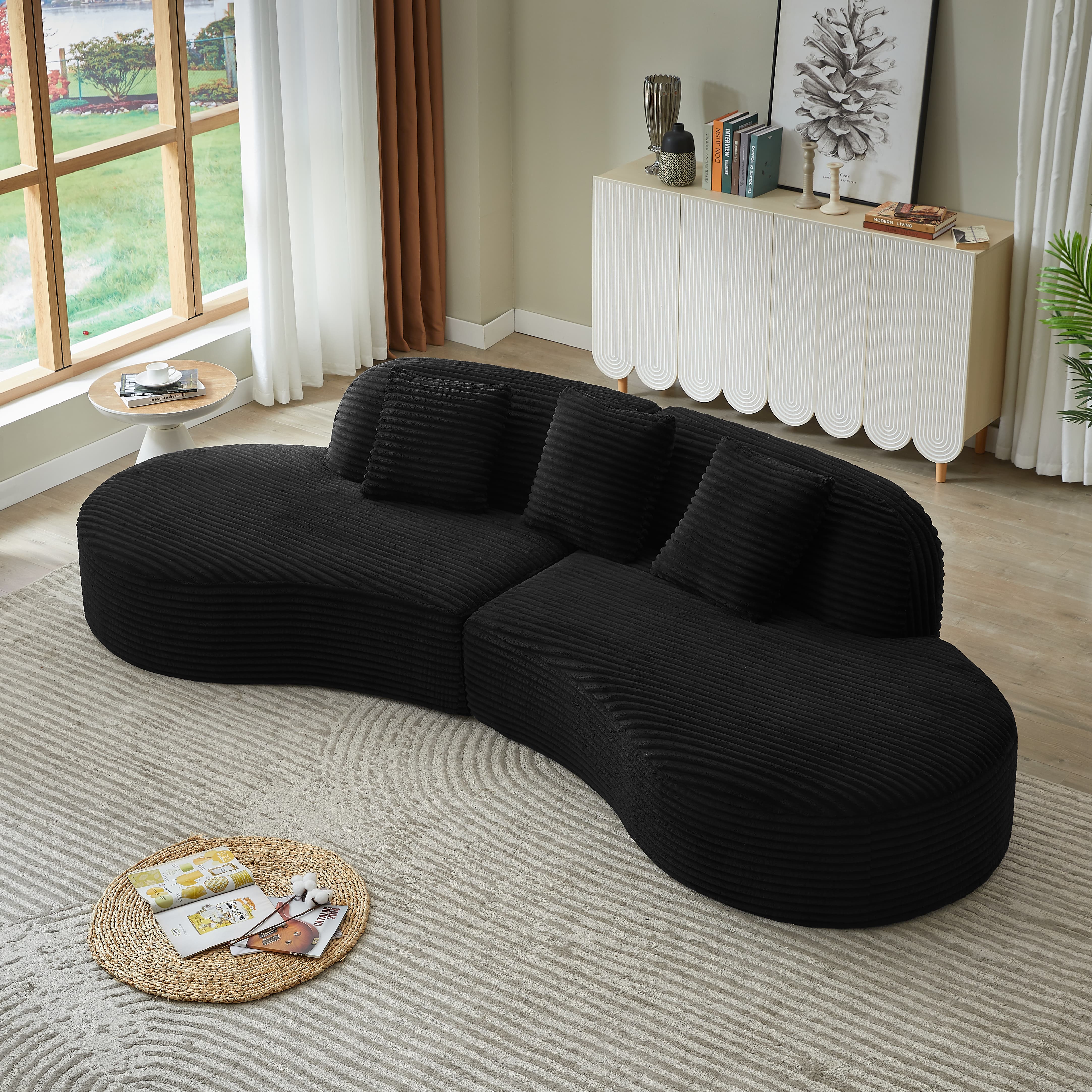 MAYEERTY Compressible Corduroy Curved Sectional Sofa with Scatter Cushions, Oversized for Living Room, 123*53*26"Black