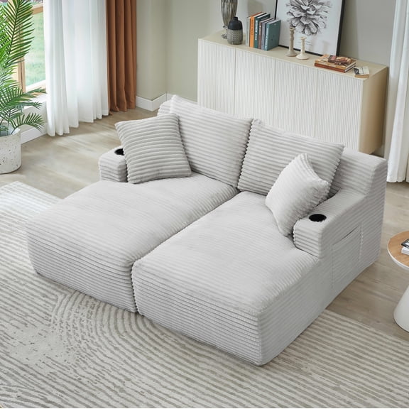 MAYEERTY 70.9" Light Gray Corduroy Double Chaise Loveseat with Cup Holders & Side Pocket, Compressible No Assembly Spring Sofa