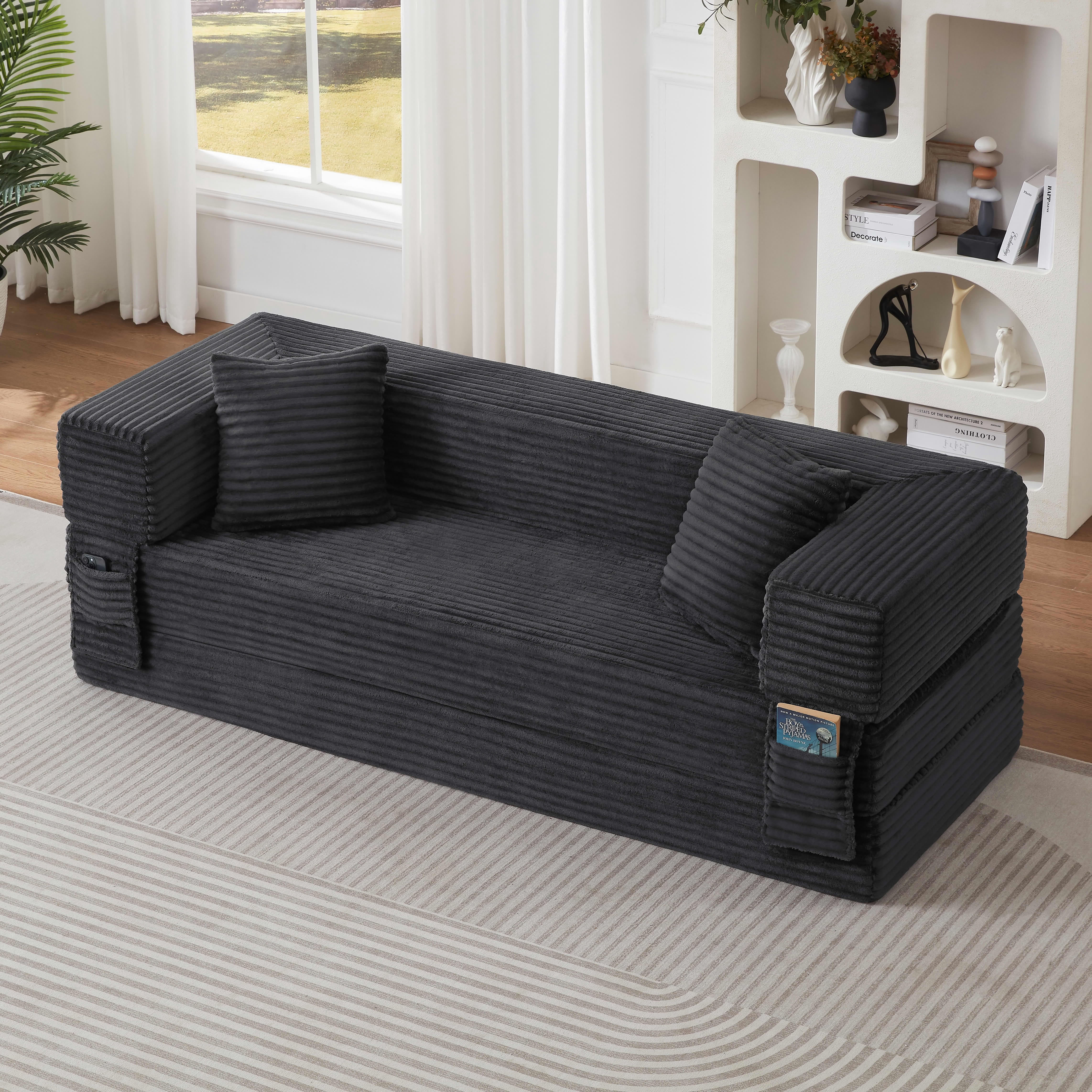 MAYEERTY Convertible Corduroy Sofa Bed, Modern Square 2-Tier Design, High-Density Foam, for Apartment & Living Room