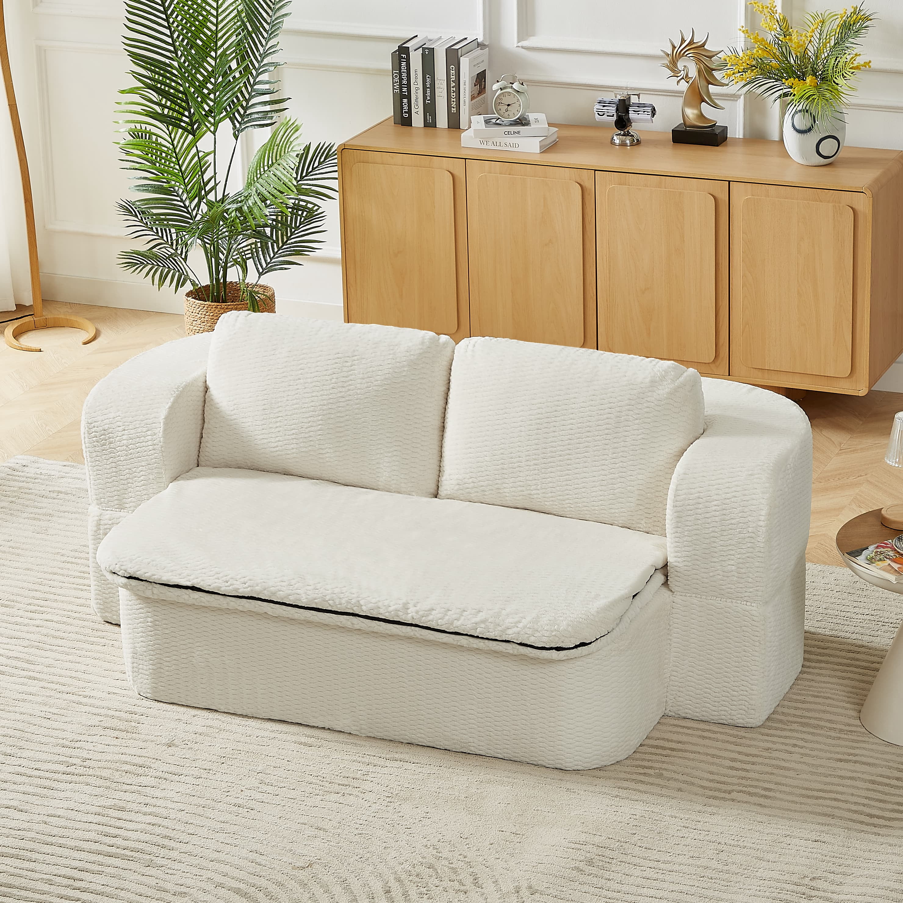 MAYEERTY Convertible Plush Sofa Bed, Modern Folding Compression Sleeper Couch for Living Room, 75*41*26"Cream