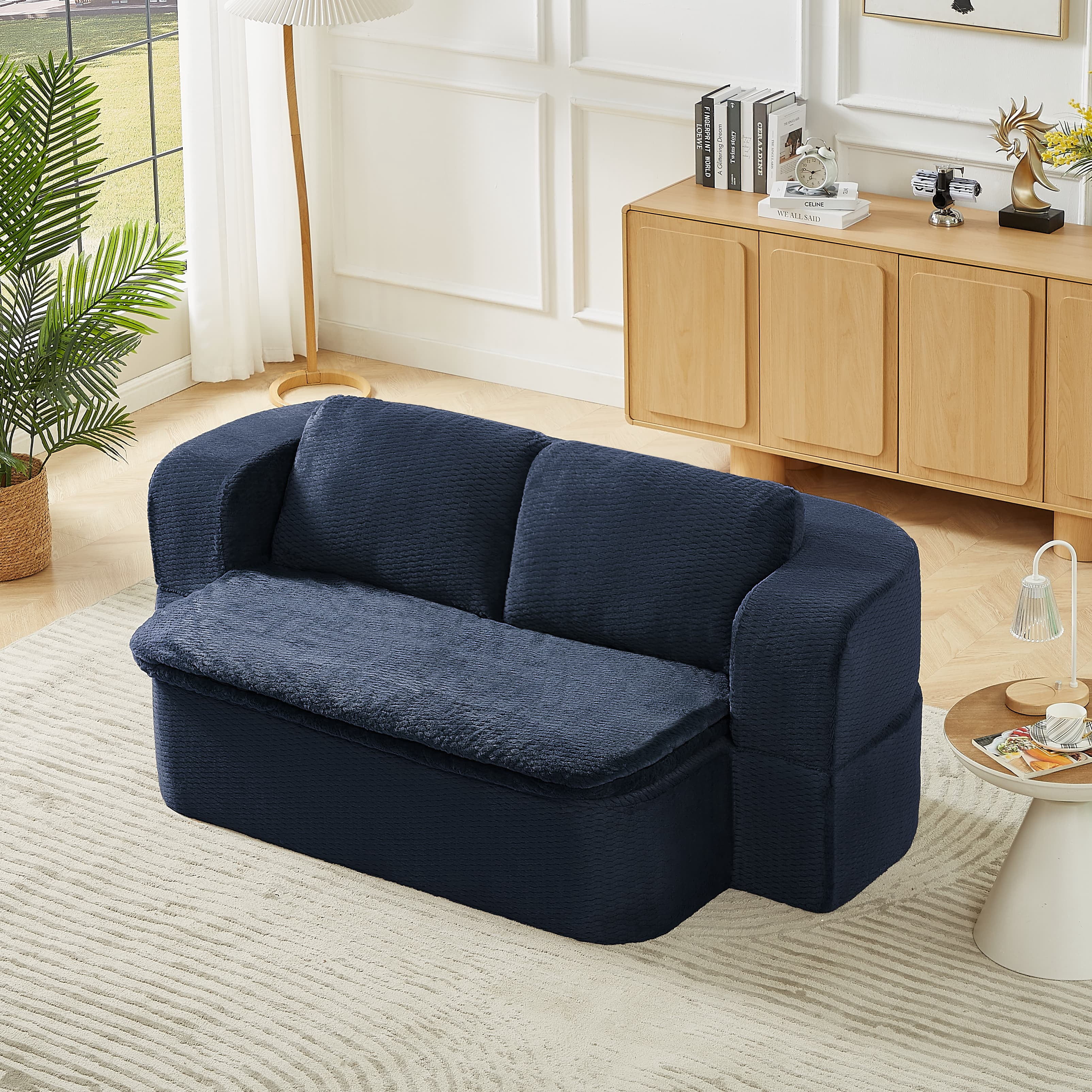 MAYEERTY Convertible Plush Sofa Bed, Modern Folding Compression Sleeper Couch for Living Room, 75*41*26"Dark Blue