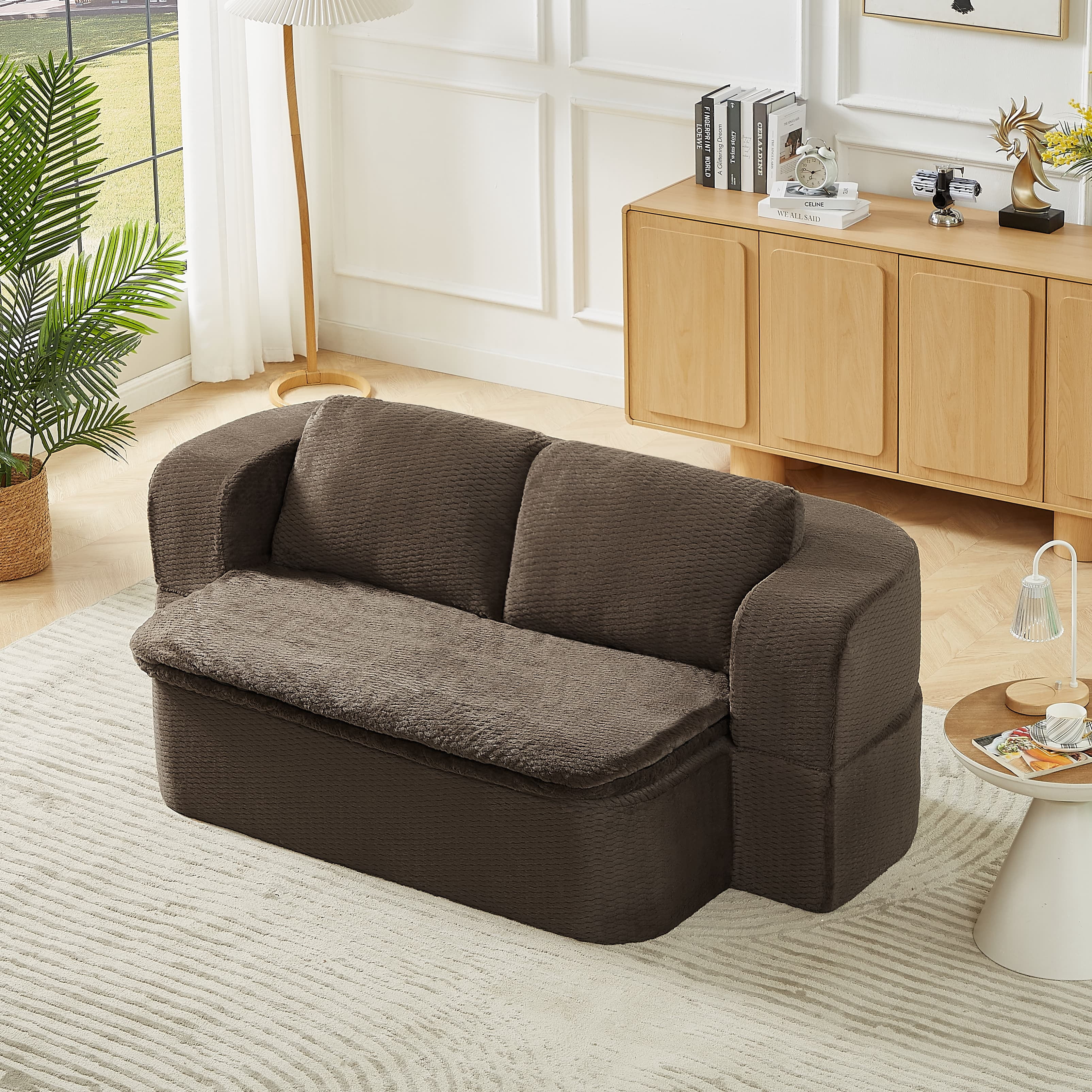 MAYEERTY Convertible Plush Sofa Bed, Modern Folding Compression Sleeper Couch for Living Room, 75*41*26"Dark Brown