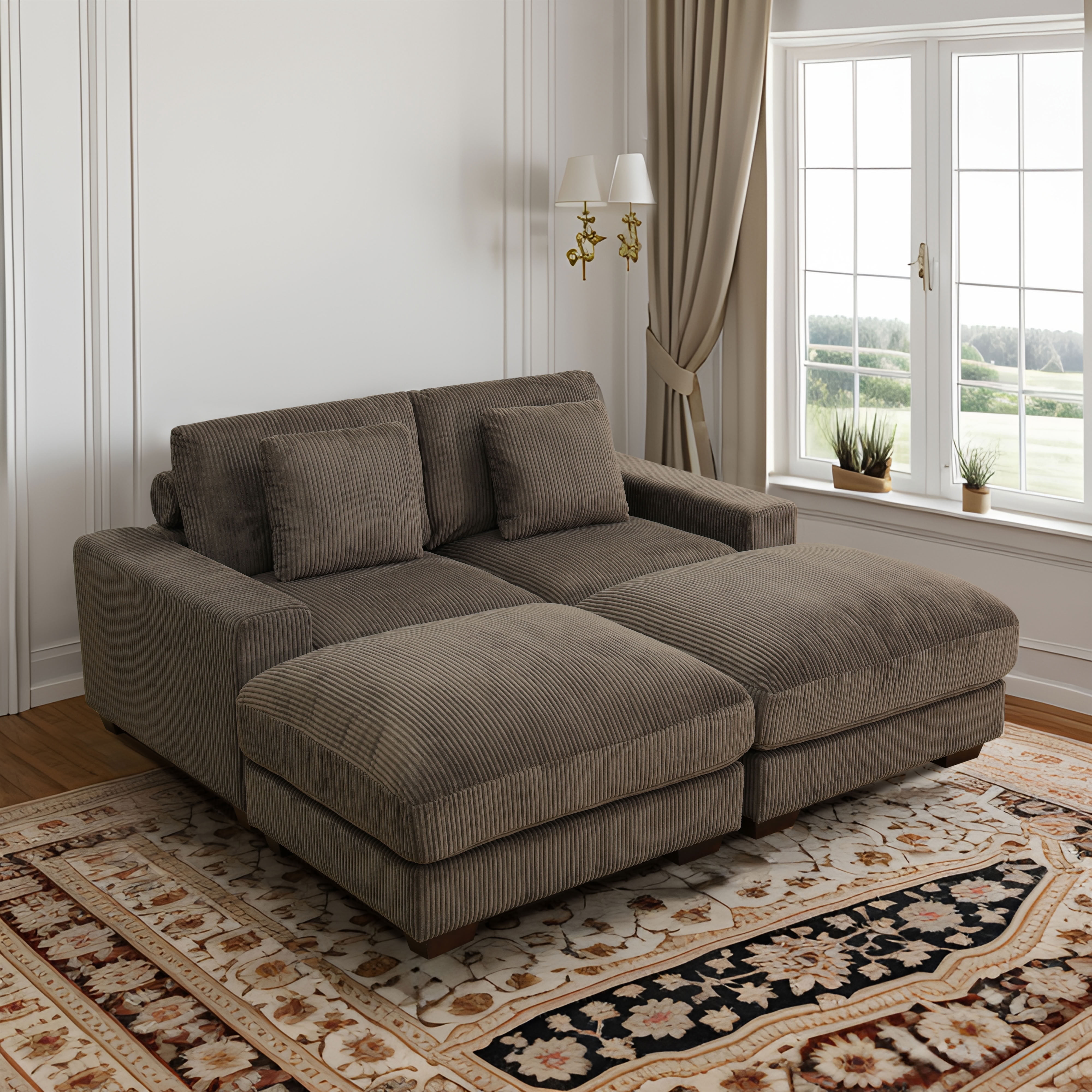 MAYEERTY Convertible Sectional Sofa Set, Upholstered Couch with Double Ottomans & Anti-Insect Solid Wood Frame, for Living Room Family Room Apartment, Brown