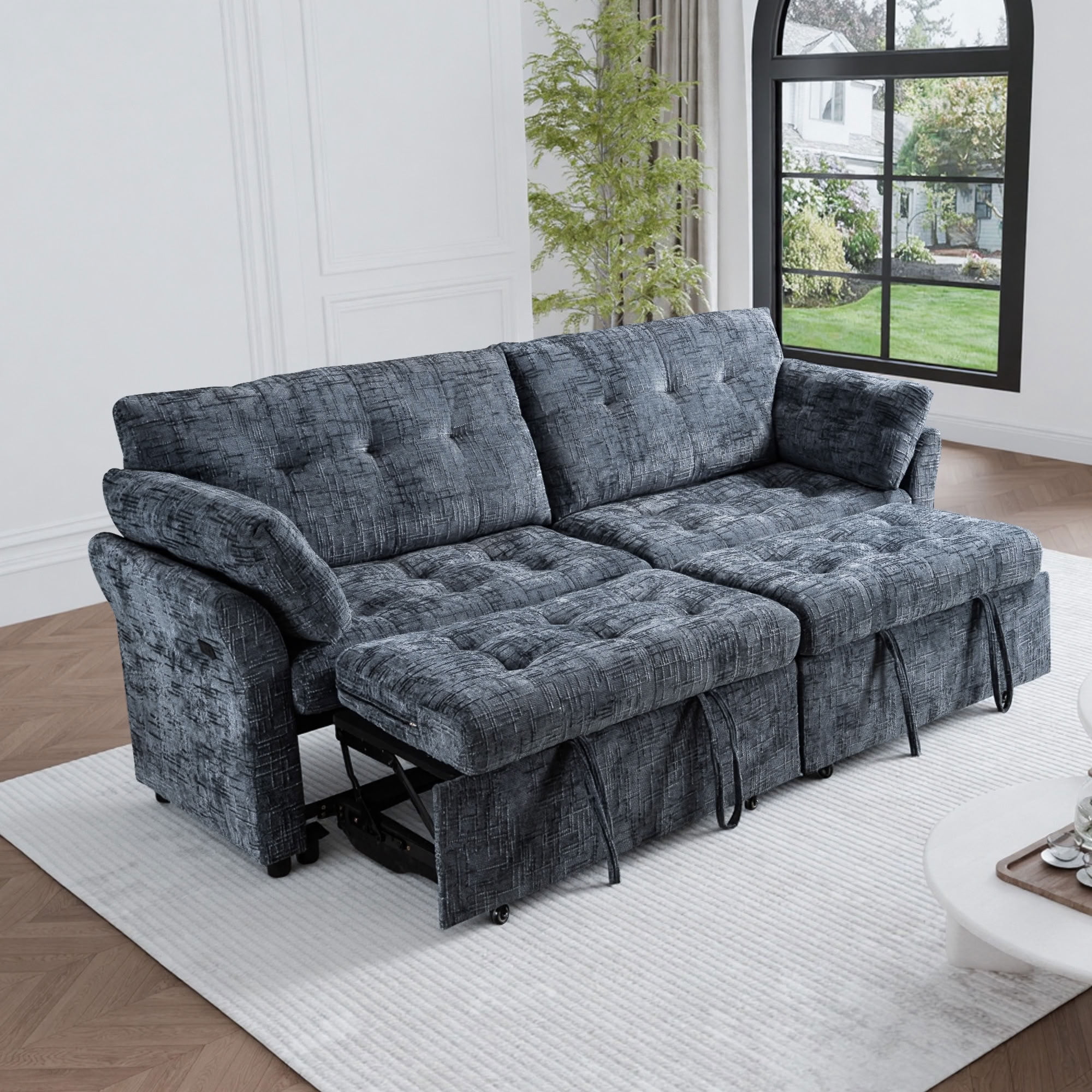 MAYEERTY Convertible Sleeper Sofa with Double Pull-Out Beds, 3-in-1 Tufted Linen Sofa Bed with 180° Flat Backrest, for Living Room, Apartment, Small Space