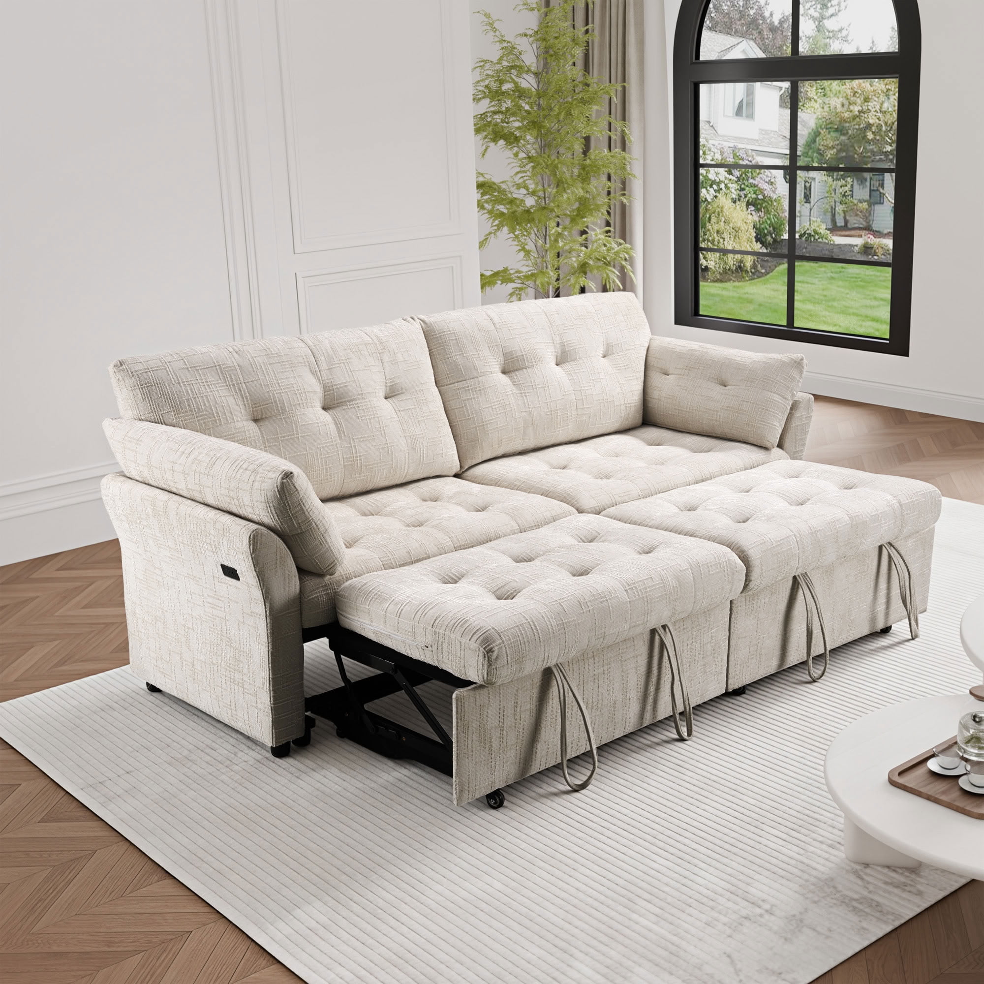 MAYEERTY Convertible Sleeper Sofa with Double Pull-Out Beds, 3-in-1 Tufted Linen Sofa Bed with 180° Flat Backrest, for Living Room, Apartment, Small Space