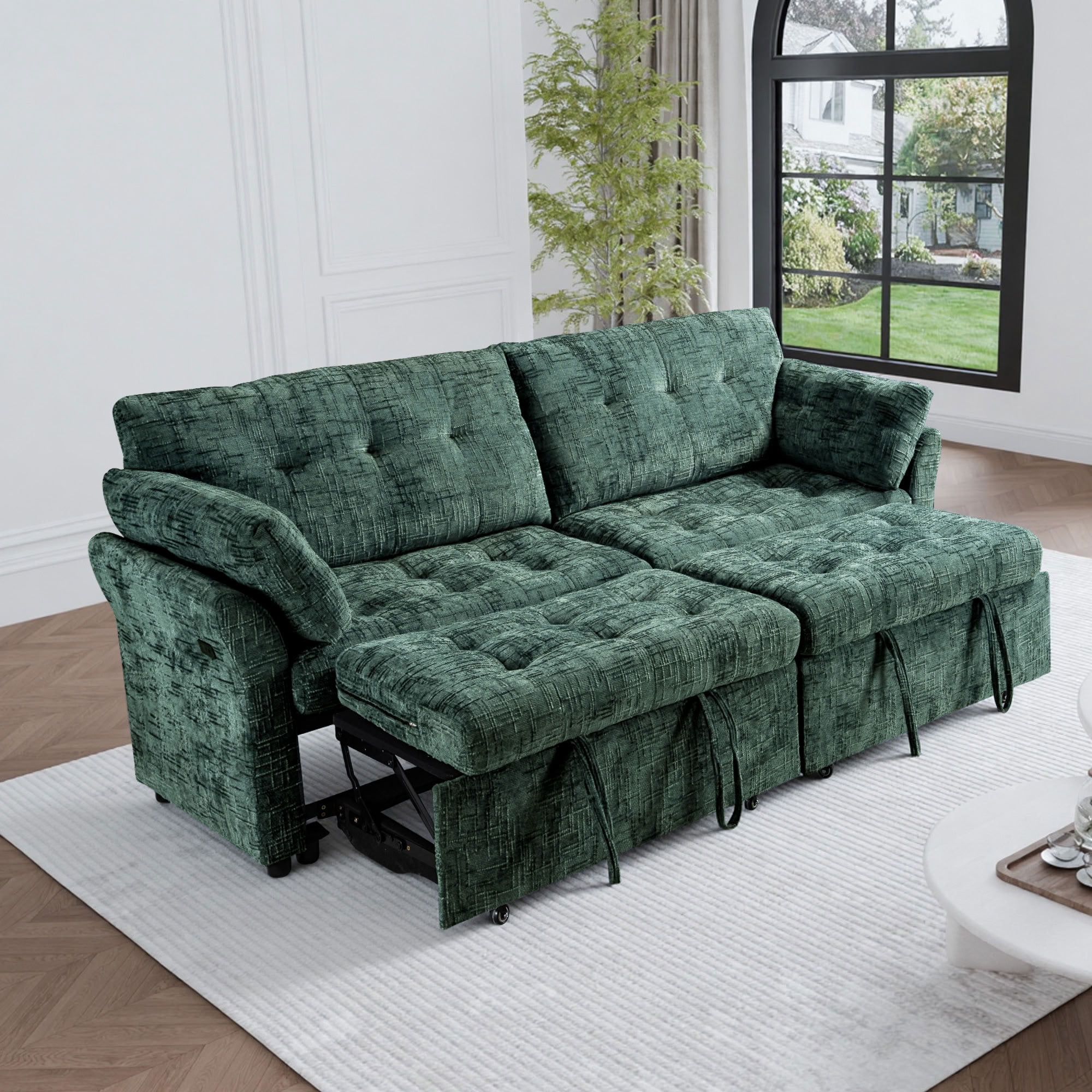 MAYEERTY Convertible Sleeper Sofa with Double Pull-Out Beds, 3-in-1 Tufted Linen Sofa Bed with 180° Flat Backrest, for Living Room, Apartment, Small Space