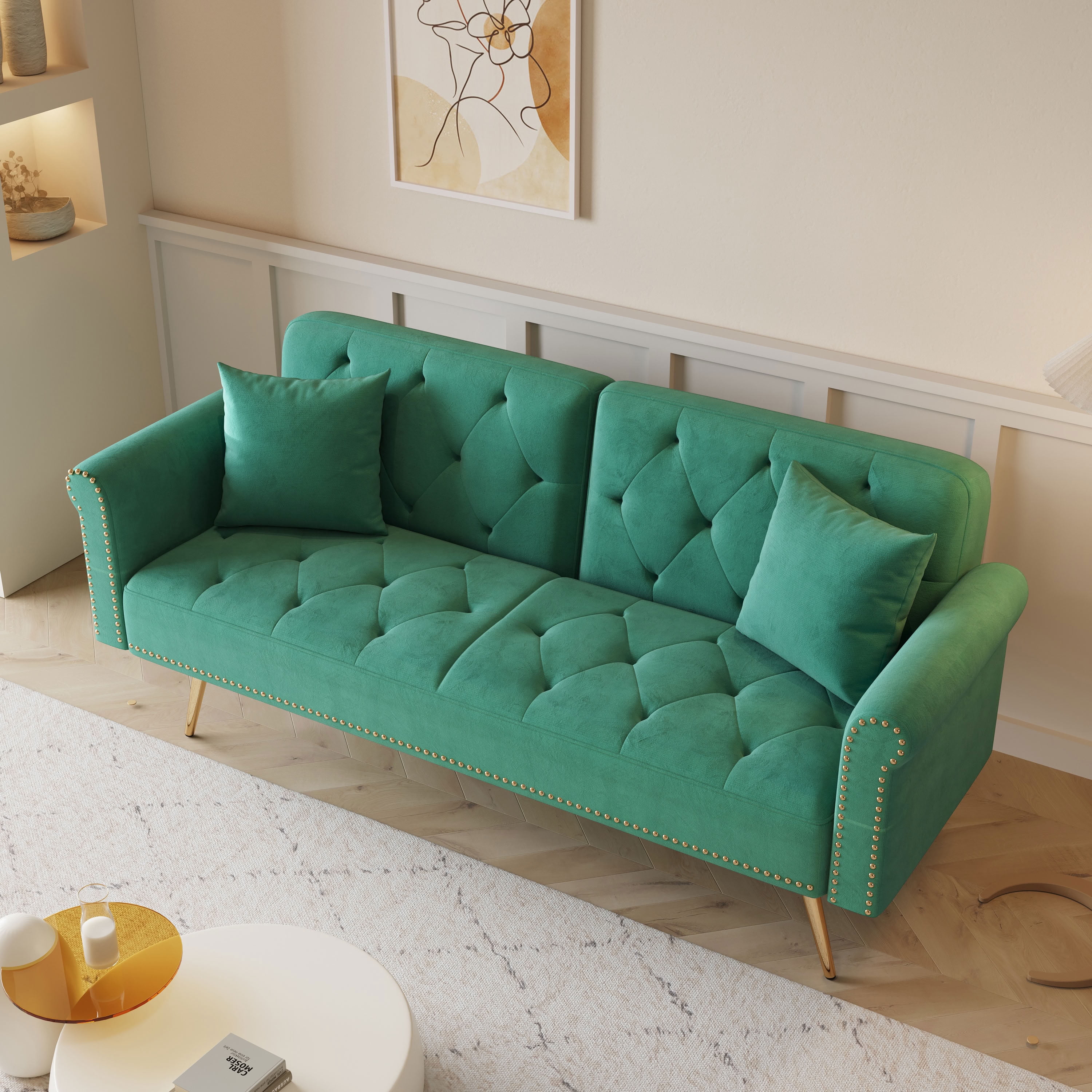 MAYEERTY Convertible Sofa Bed, Loveseat Sofa with Matching Pillows, Velvet Upholstered for Apartments Small Space, Green