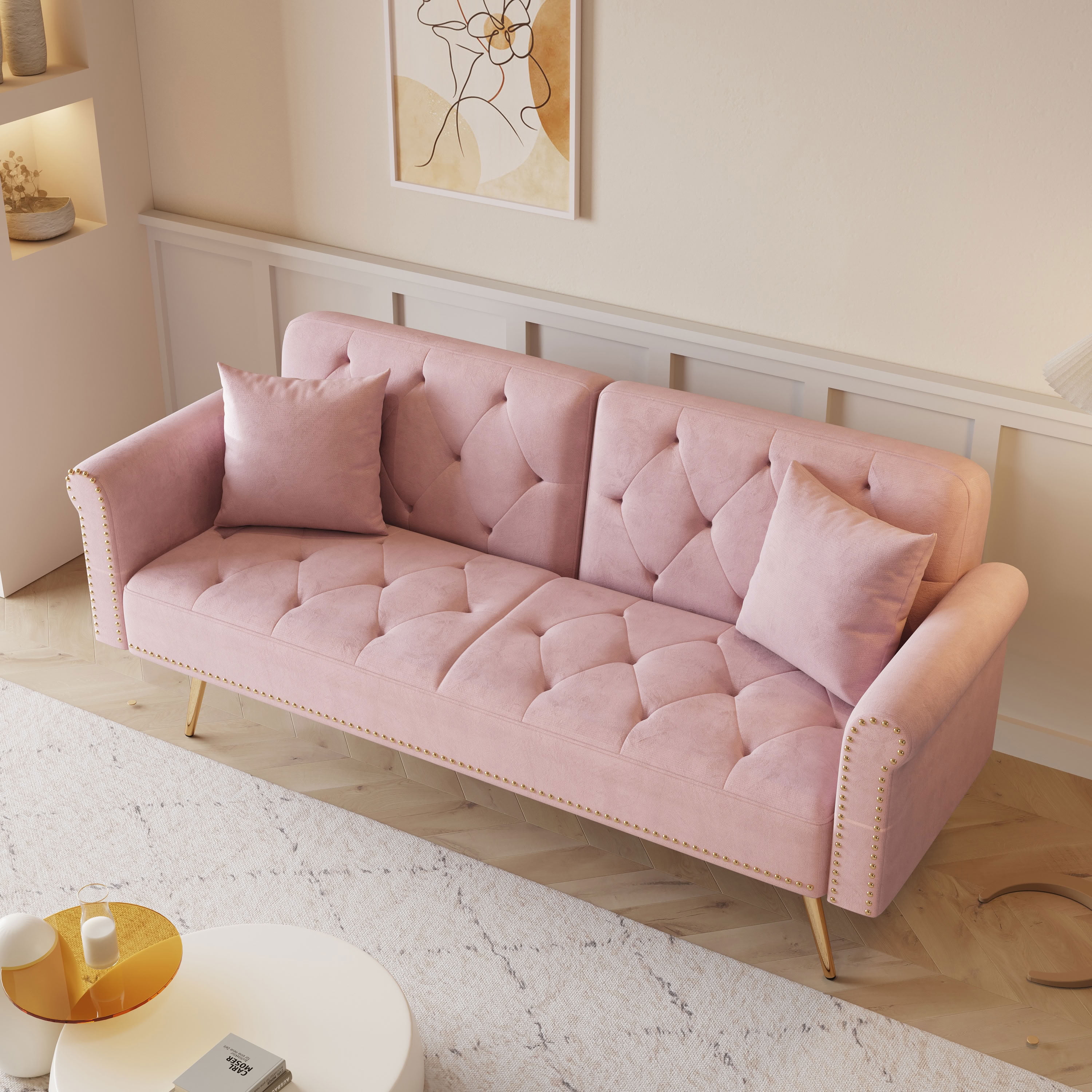 MAYEERTY Convertible Sofa Bed, Loveseat Sofa with Matching Pillows, Velvet Upholstered for Living Room Nooks, Pink