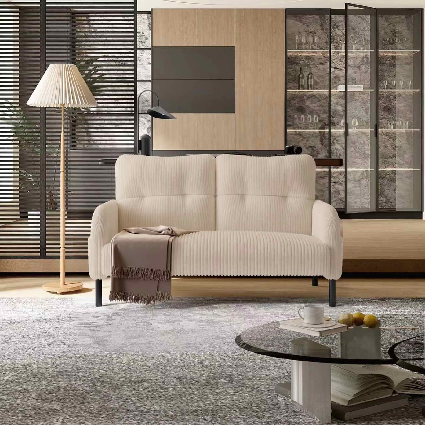 MAYEERTY Corduroy 2-Seater Loveseat, Modern Monochrome Double Sofa with Side Storage Pockets & Sturdy Wood Frame for Home Office