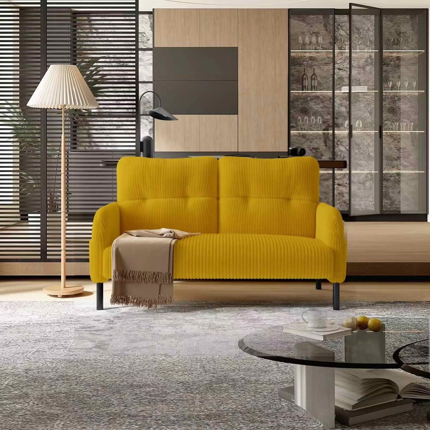 MAYEERTY Corduroy 2-Seater Loveseat, Modern Monochrome Double Sofa with Side Storage Pockets & Sturdy Wood Frame for Home Office