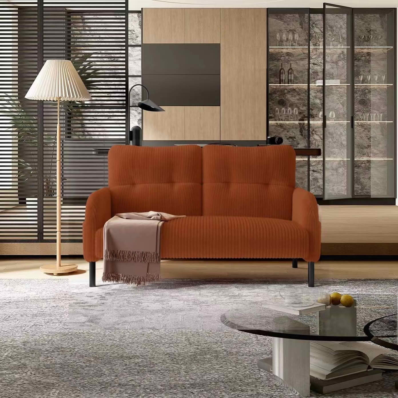 MAYEERTY Corduroy 2-Seater Loveseat, Modern Monochrome Double Sofa with Side Storage Pockets & Sturdy Wood Frame for Home Office
