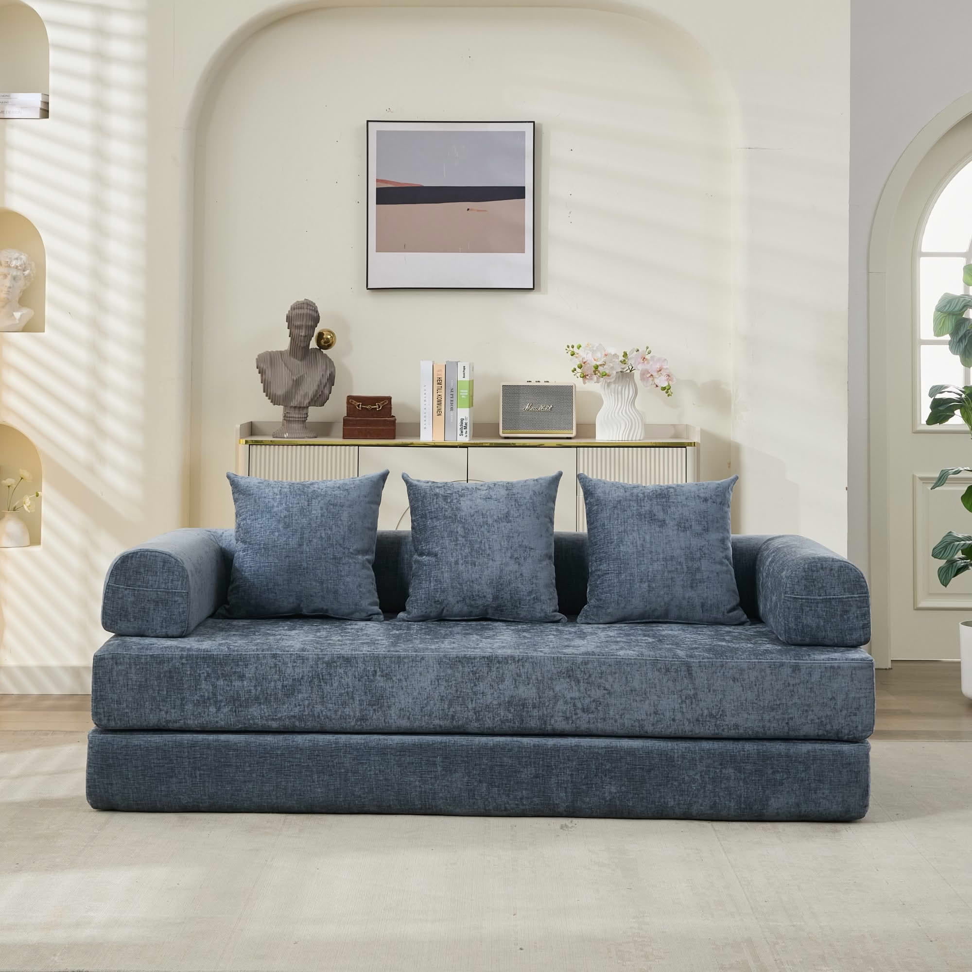 MAYEERTY 78.8" Blue Chenille Convertible Floor Sofa Bed, No Assembly Modular Couch with Pillows for Living Room Studio