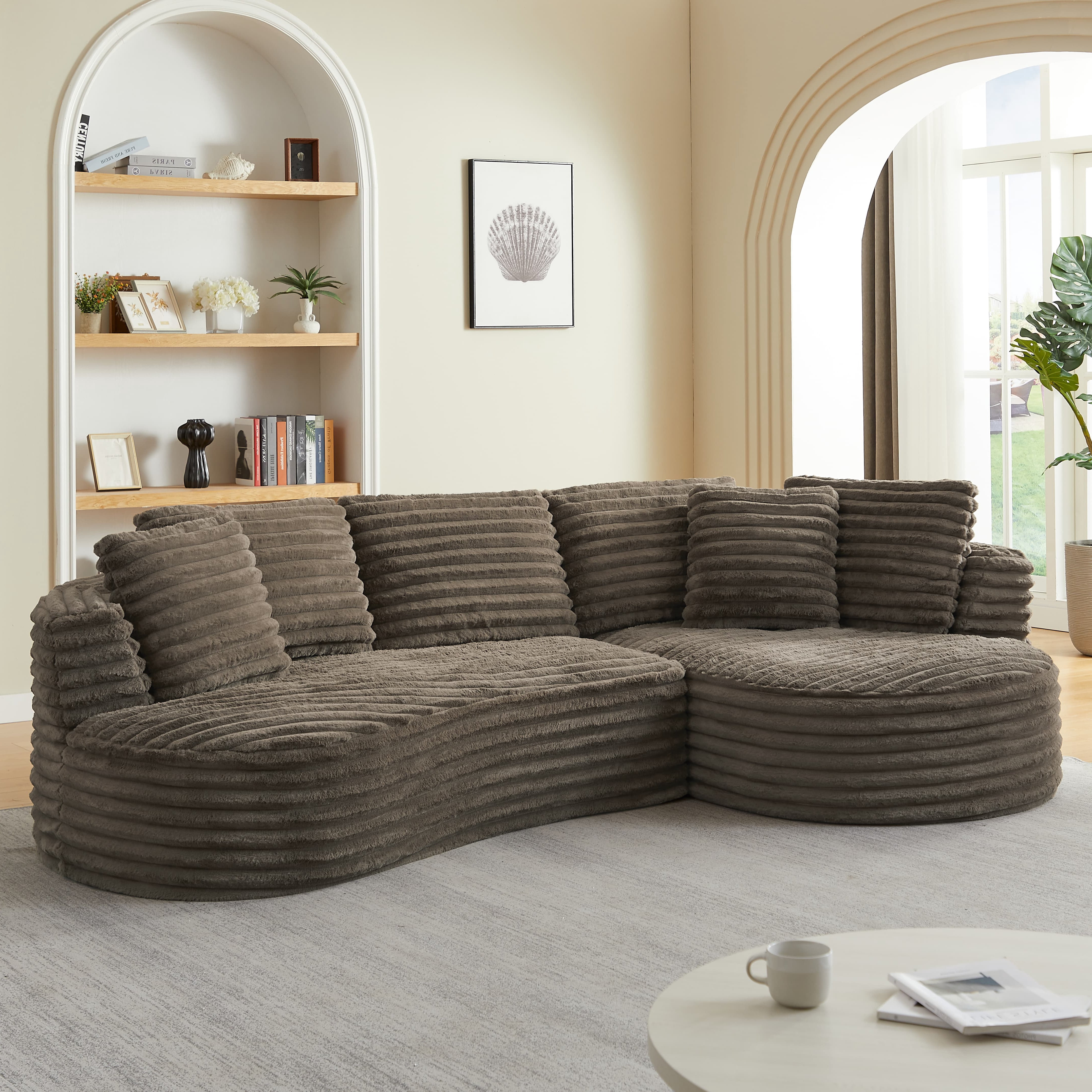 MAYEERTY 120.9" Brown Corduroy Curved L Modular Sectional Sofa, Pocket Spring No Assembly Couch for Living Room Reception