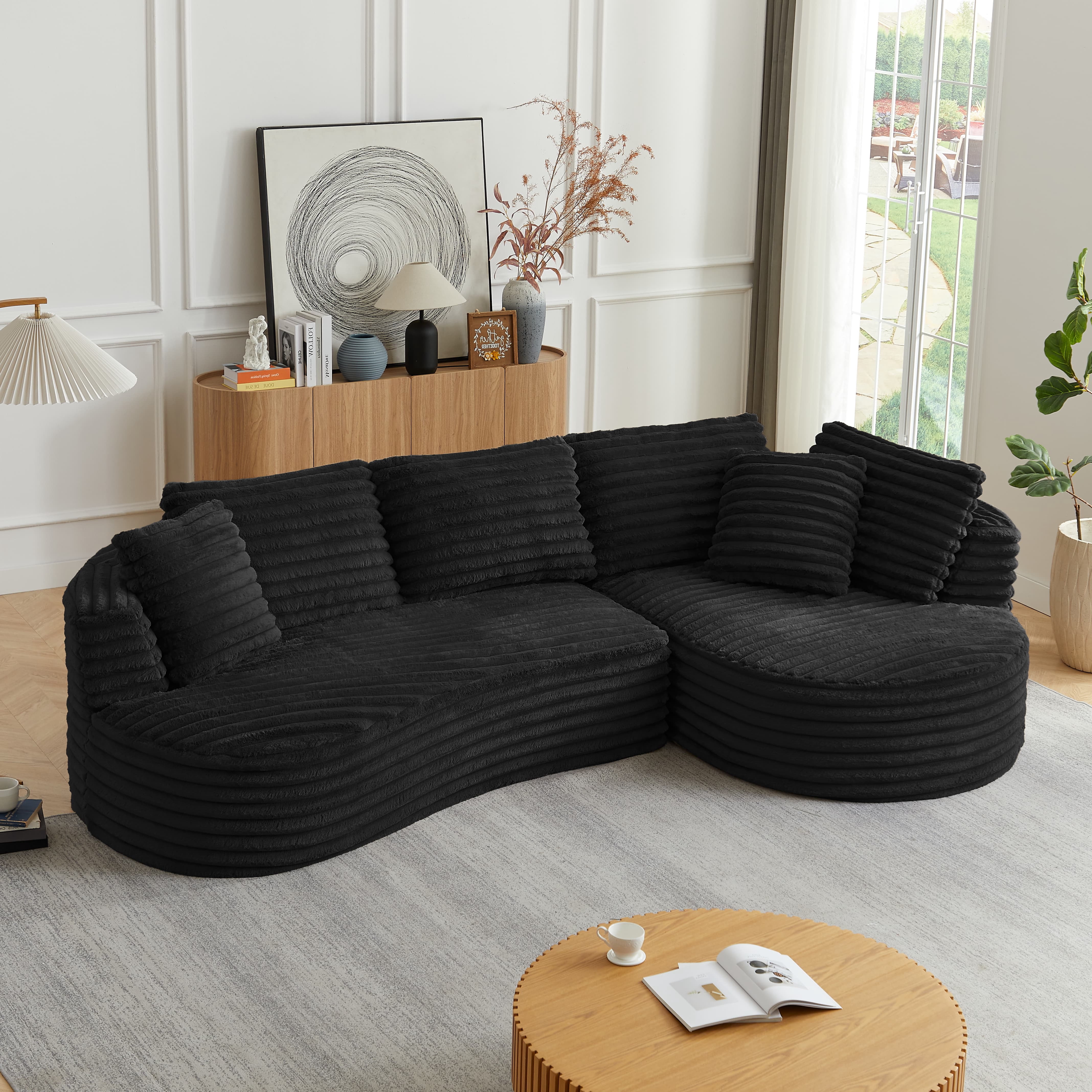 MAYEERTY 120.9" Black Corduroy Curved L Modular Sectional Sofa, Pocket Spring No Assembly Couch for Living Room Reception