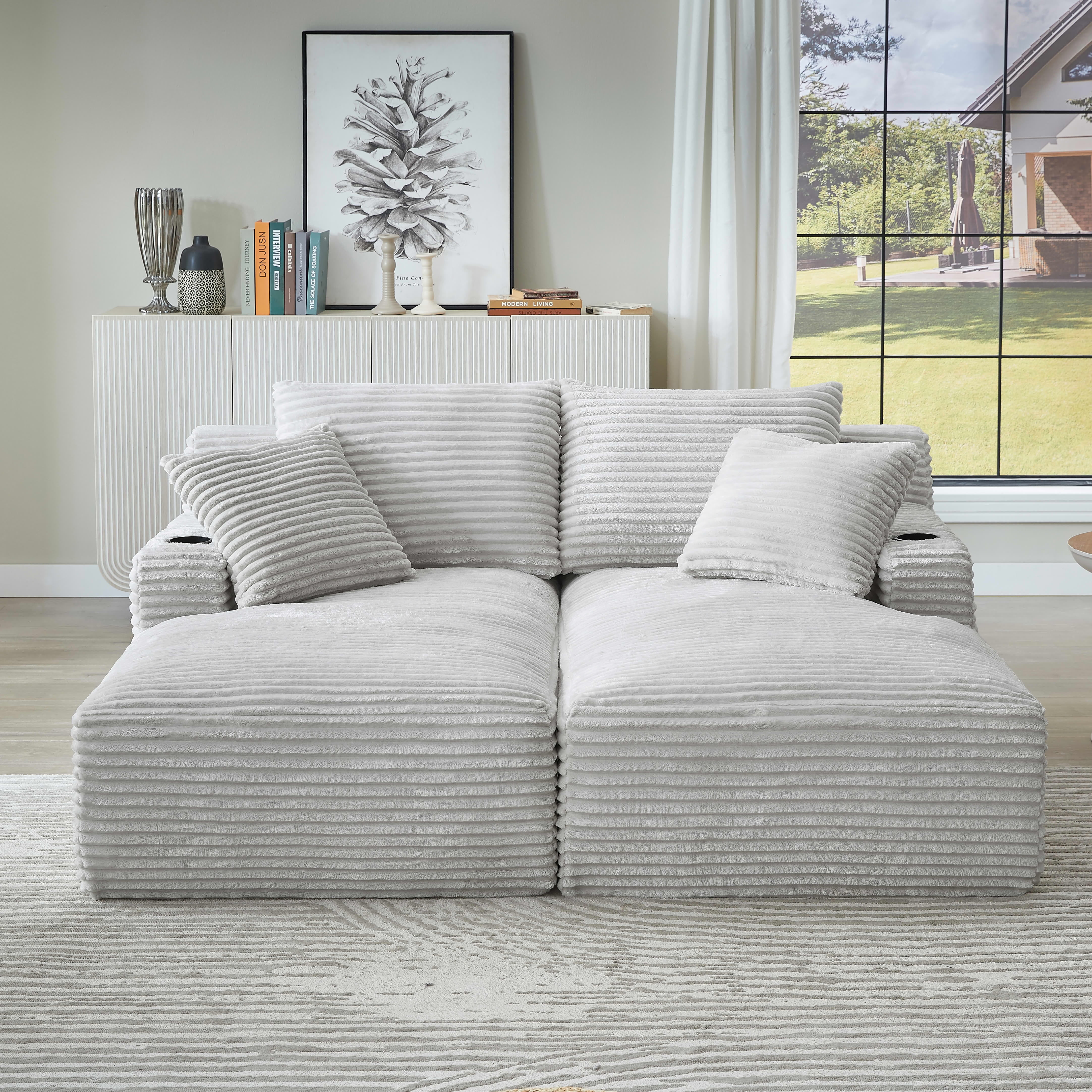 MAYEERTY Corduroy Double Chaise Lounge Loveseat, Fluffy Sleeper with Cupholders for Apartments, Light Gray