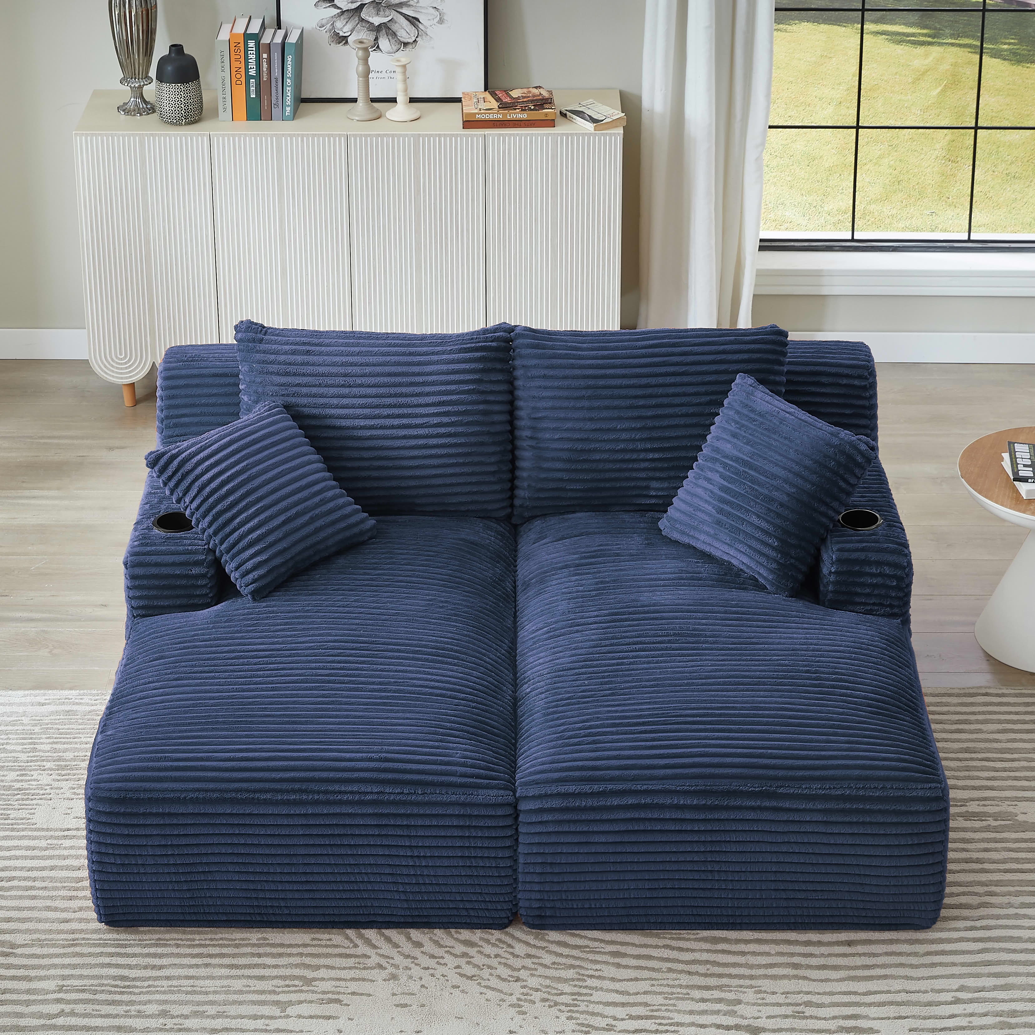 MAYEERTY Corduroy Double Chaise Lounge Sleeper with Cupholders, Spring Padding for Living Room Bedroom, Blue