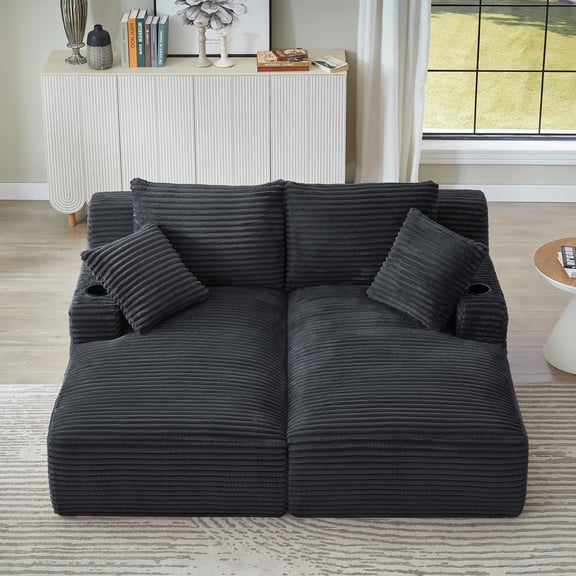 MAYEERTY Corduroy Double Chaise Lounge Sleeper with Cupholders, Spring Padding for Living Room Bedroom, Dark Gray