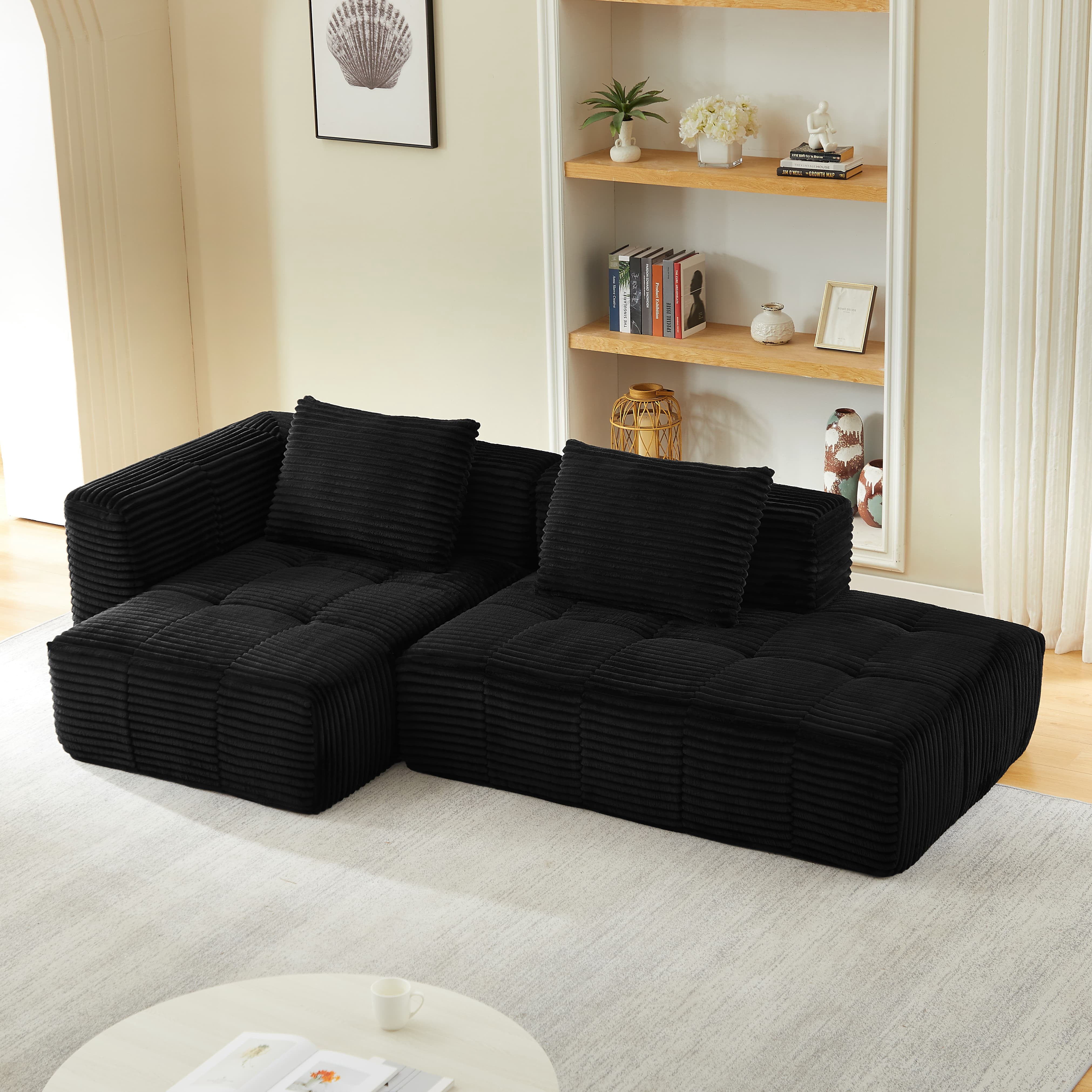 MAYEERTY Corduroy L-Shape Cloud Sectional Chaise Lounge Sofa, Minimalist Modular Couches for Living Room,107*57*33"Black