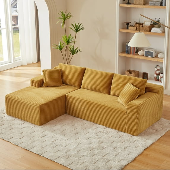 MAYEERTY Corduroy L-Shape Cloud Sectional Sofa with Deep Seat, Minimal Luxury Modular Couches for Apartment, 103*65*34"Yellow
