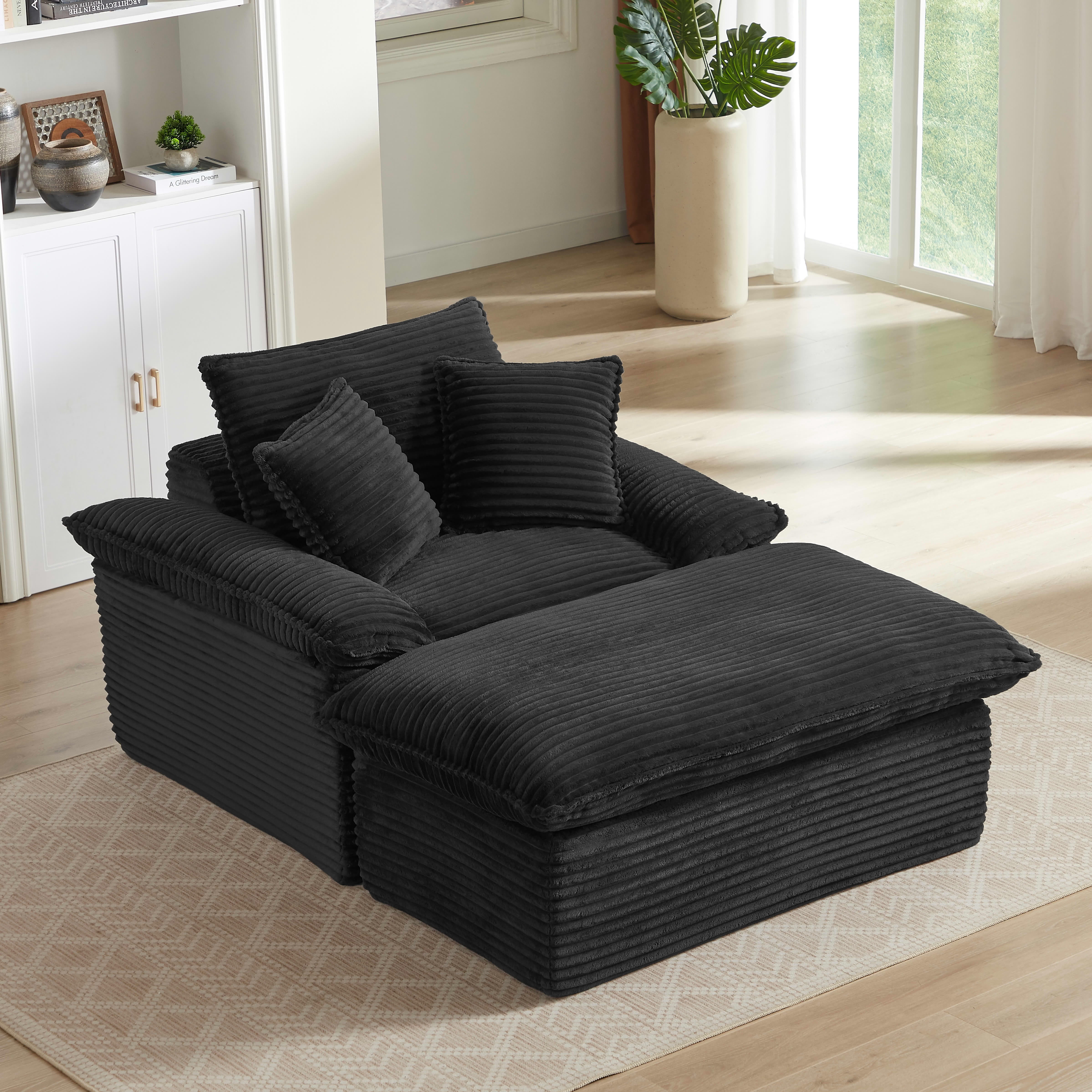 MAYEERTY Corduroy Modular Sofa, Oversized Single Chaise Lounge with Activity Footrest for Apartment, 52" Black