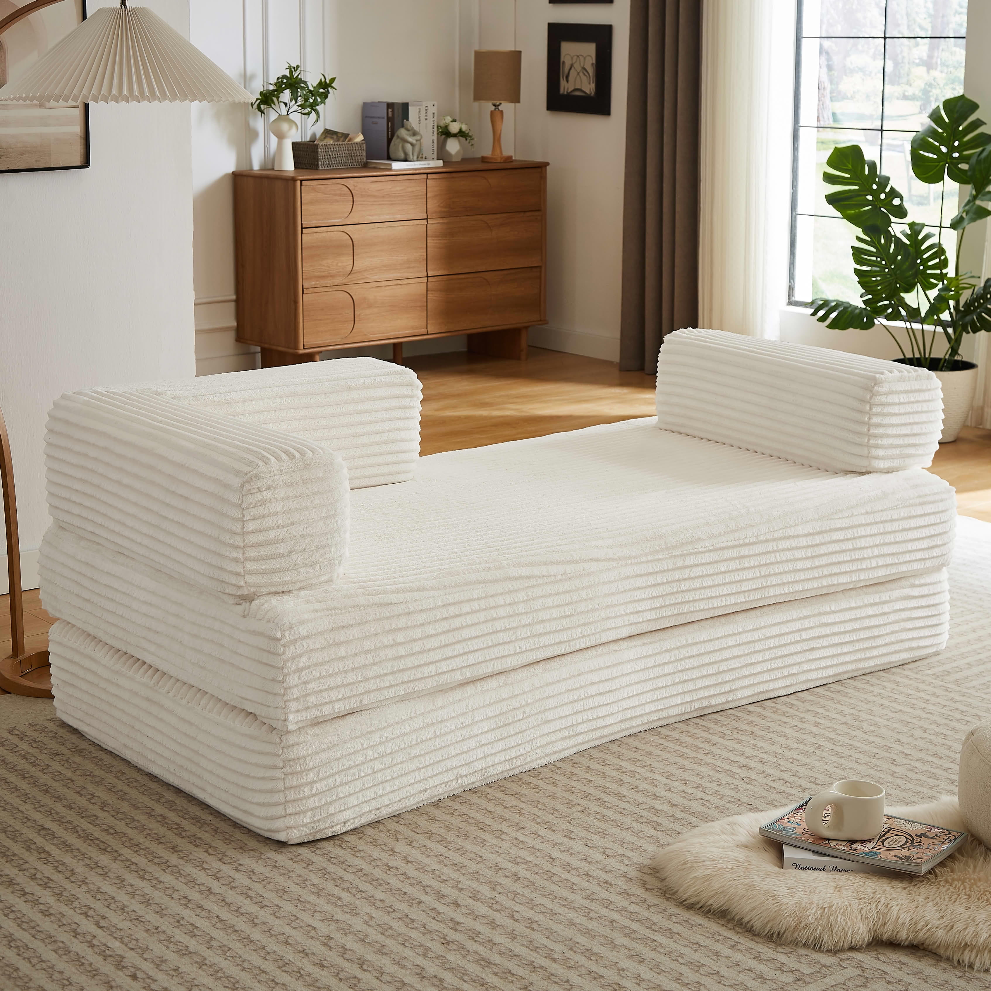 MAYEERTY Corduroy Oversized Loveseat, Cloud Convertible Sleeper, Boneless Modular Couch for Living Room, Beige