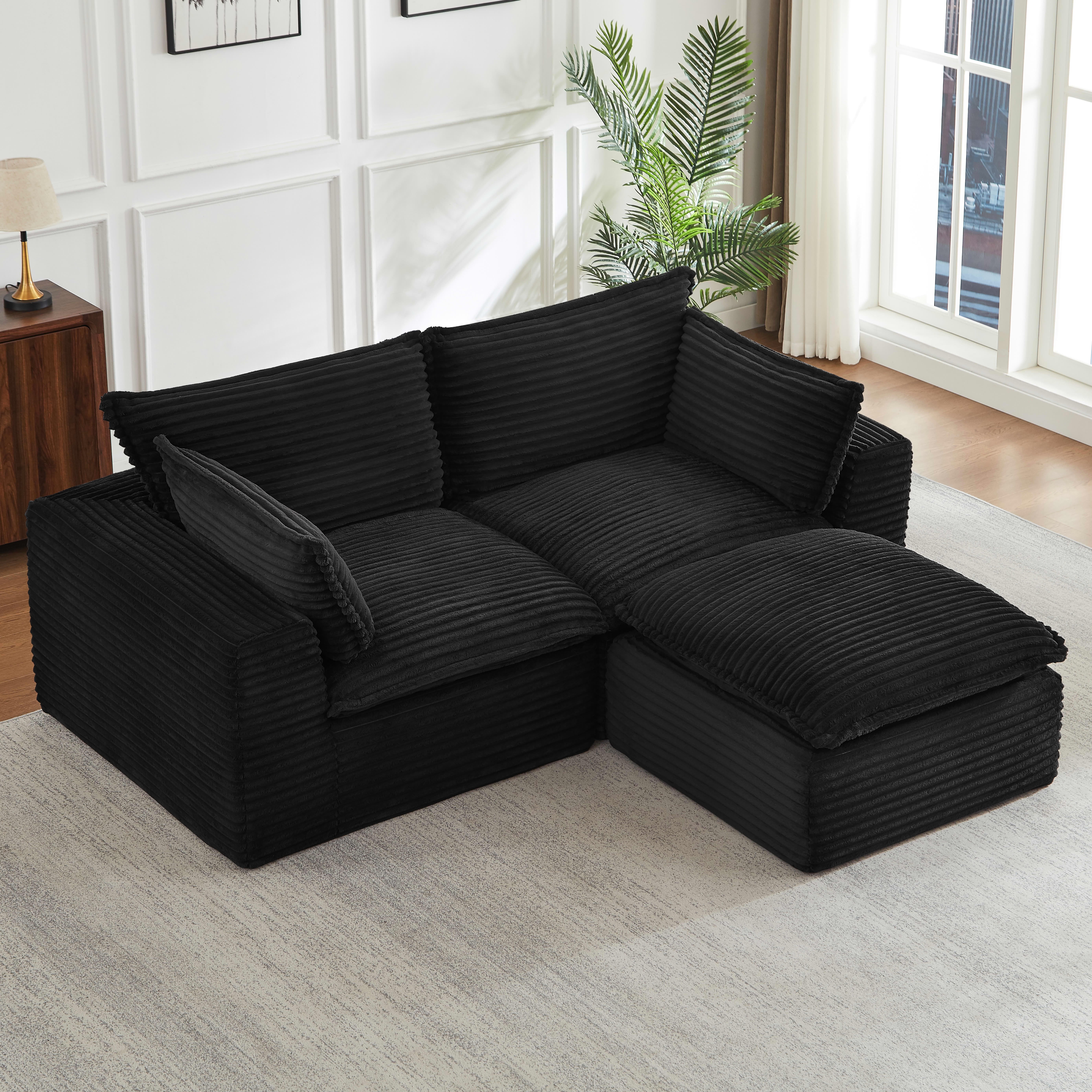 MAYEERTY Corduroy Oversized Sectional Sofa, Cloud Convertible L-Shape Couch with Ottoman for Apartment, Black