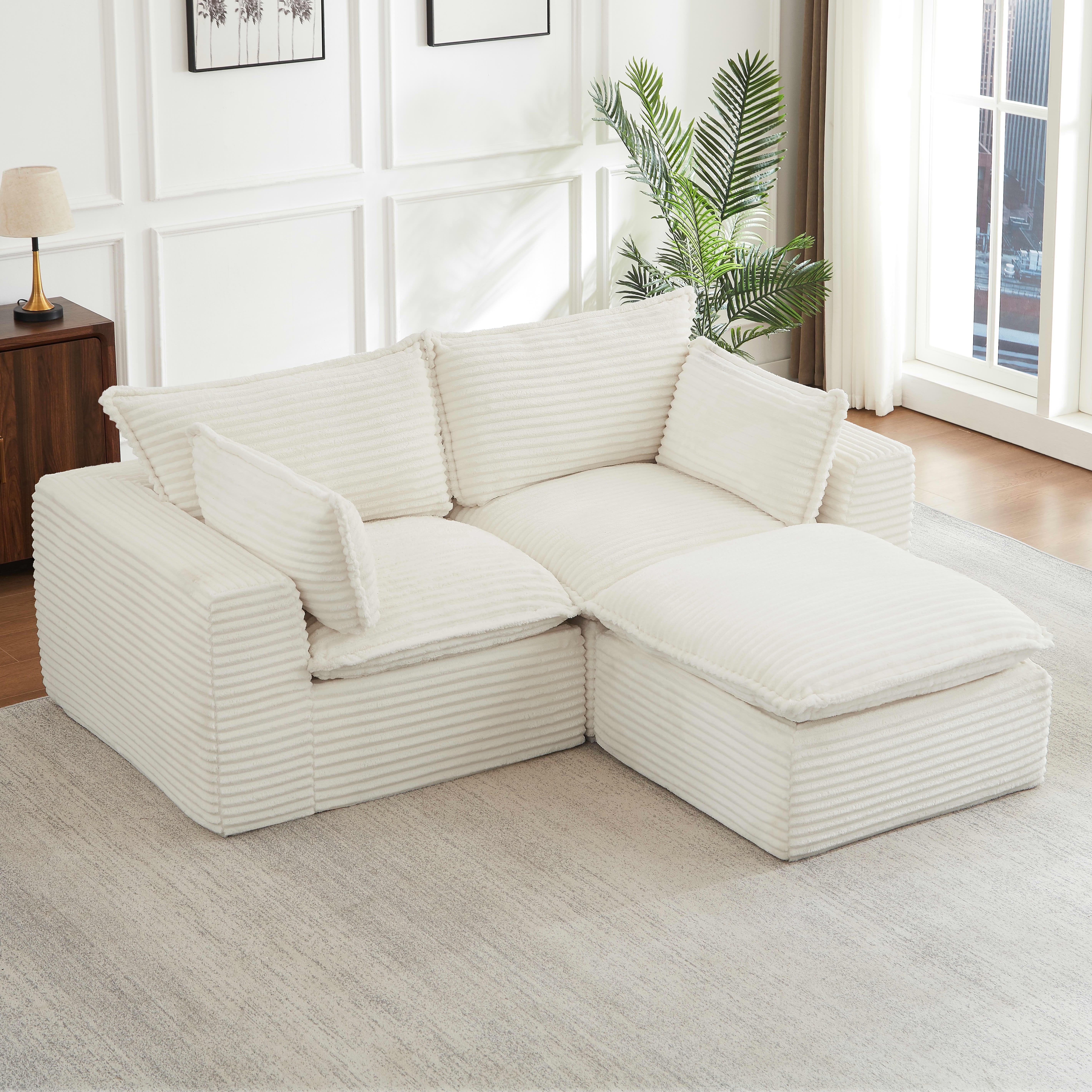 MAYEERTY Corduroy Oversized Sectional Sofa, Cloud Convertible L-Shape Couch with Ottoman for Apartment, White