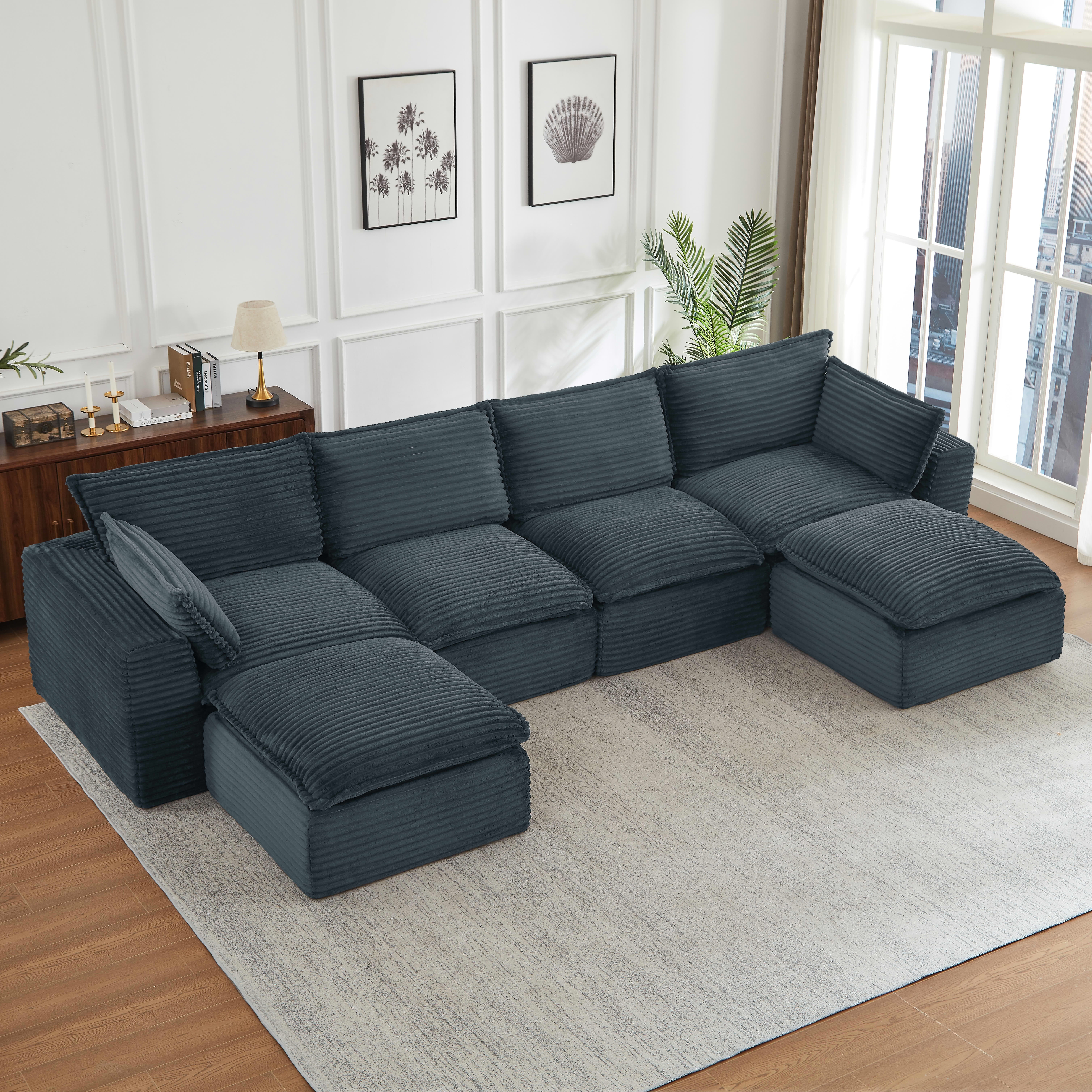 MAYEERTY Corduroy Oversized Sectional Sofa, Cloud Convertible U-Shape Couch with Ottoman for Apartment, Dark Gray