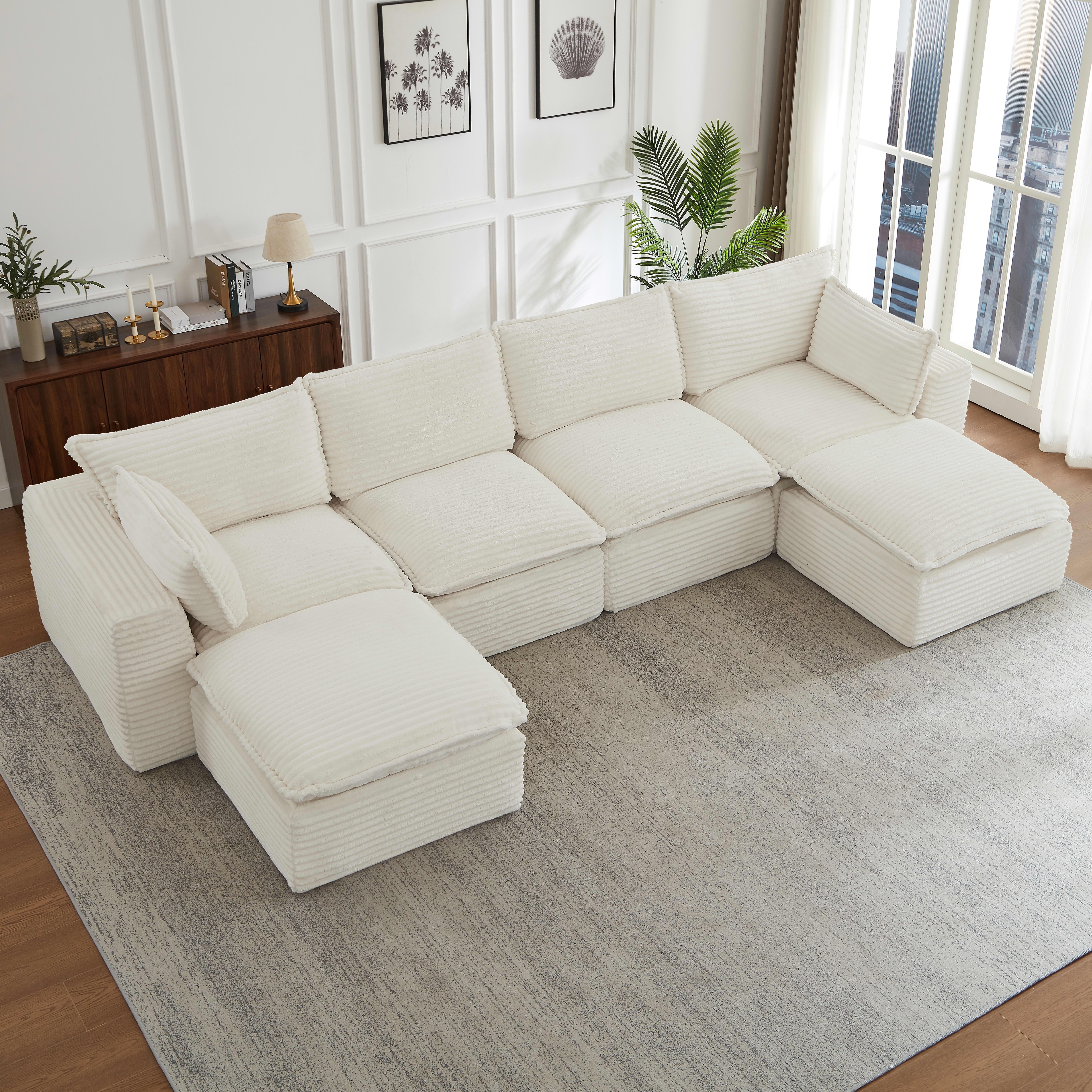 MAYEERTY Corduroy Oversized Sectional Sofa, Cloud Convertible U-Shape Couch with Ottoman for Apartment, White