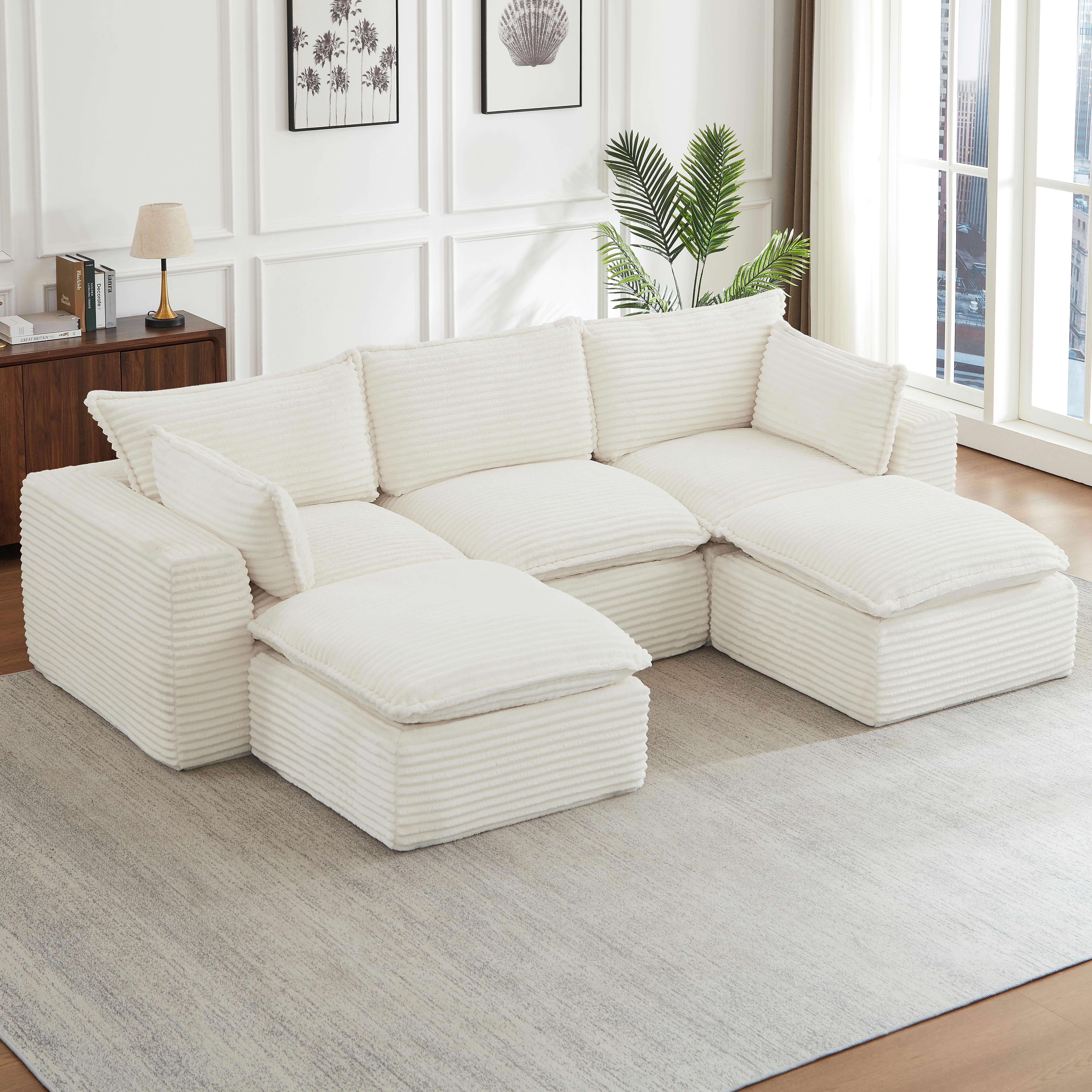 MAYEERTY Corduroy Oversized Sectional Sofa, Cloud Convertible U-Shape Couch with Ottoman for Apartment, White