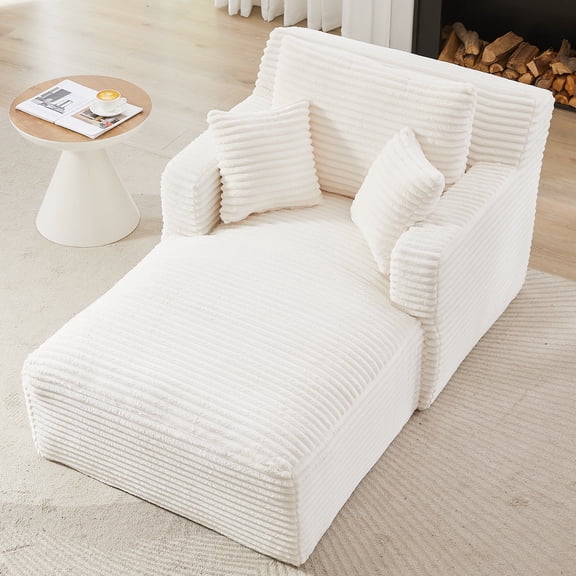 MAYEERTY Corduroy Single Chaise Lounge Sofa, Modern Comfy Sleeper Couch for Apartment, 65×39" White