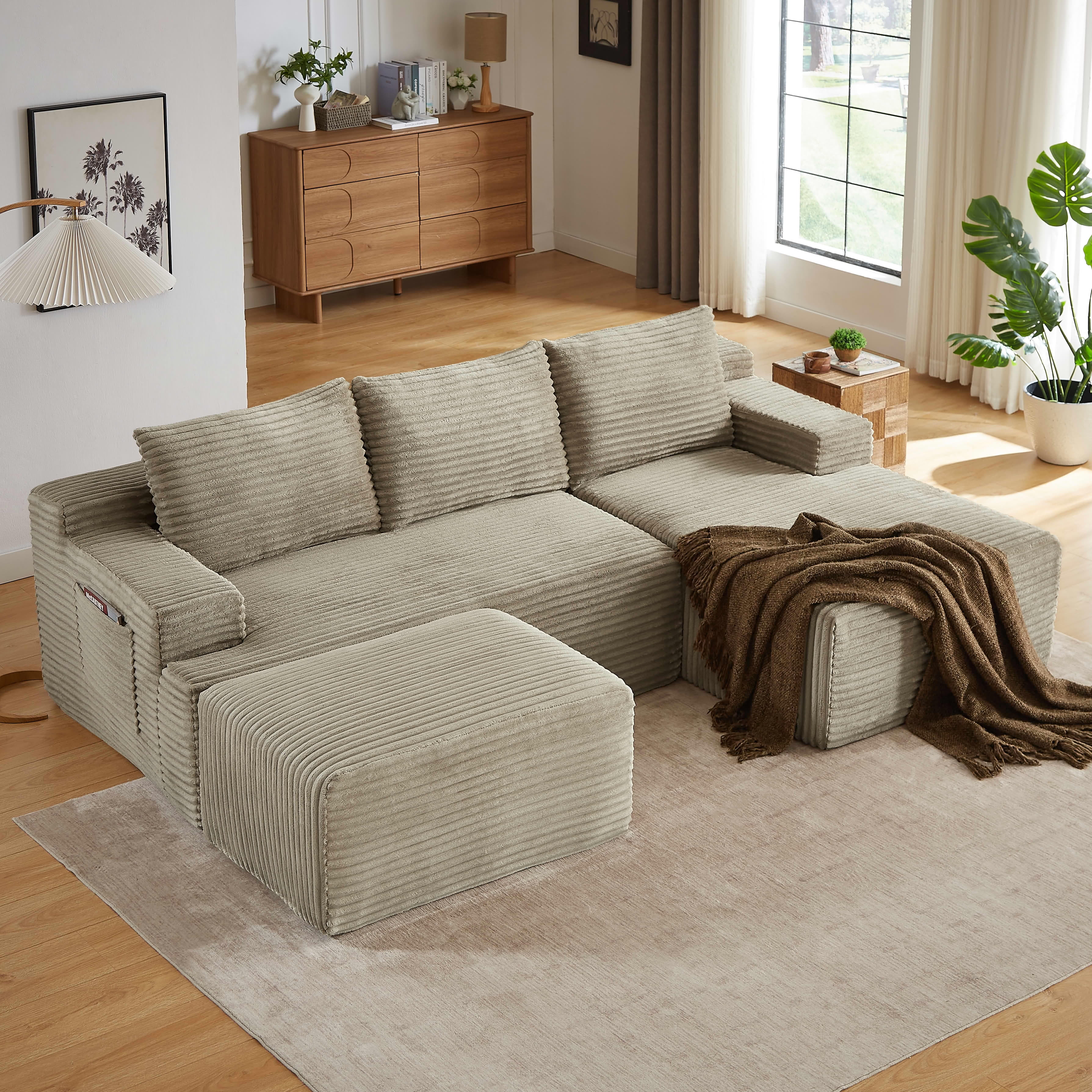 MAYEERTY Corduroy U-Shaped Modular Sofa, Cloud Couch with Sponge & Spring for Living Room, 96" Camel